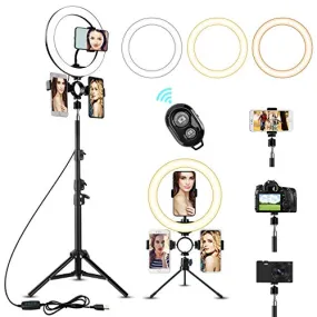 10" LED Selfie Ring Light with 2 Tripod Stand & 3 Cell Phone Holder 3 Lighting Modes 10 Dimmable Brightness for Live Streaming YouTube Video Photography Makeup Circle Light for iPhone Android Camera