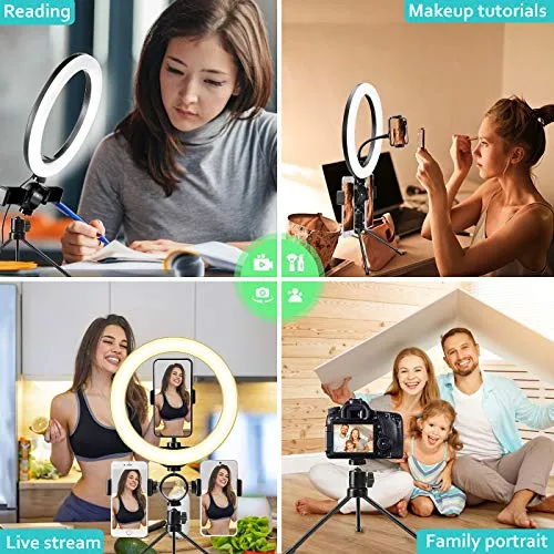 10" LED Selfie Ring Light with 2 Tripod Stand & 3 Cell Phone Holder 3 Lighting Modes 10 Dimmable Brightness for Live Streaming YouTube Video Photography Makeup Circle Light for iPhone Android Camera