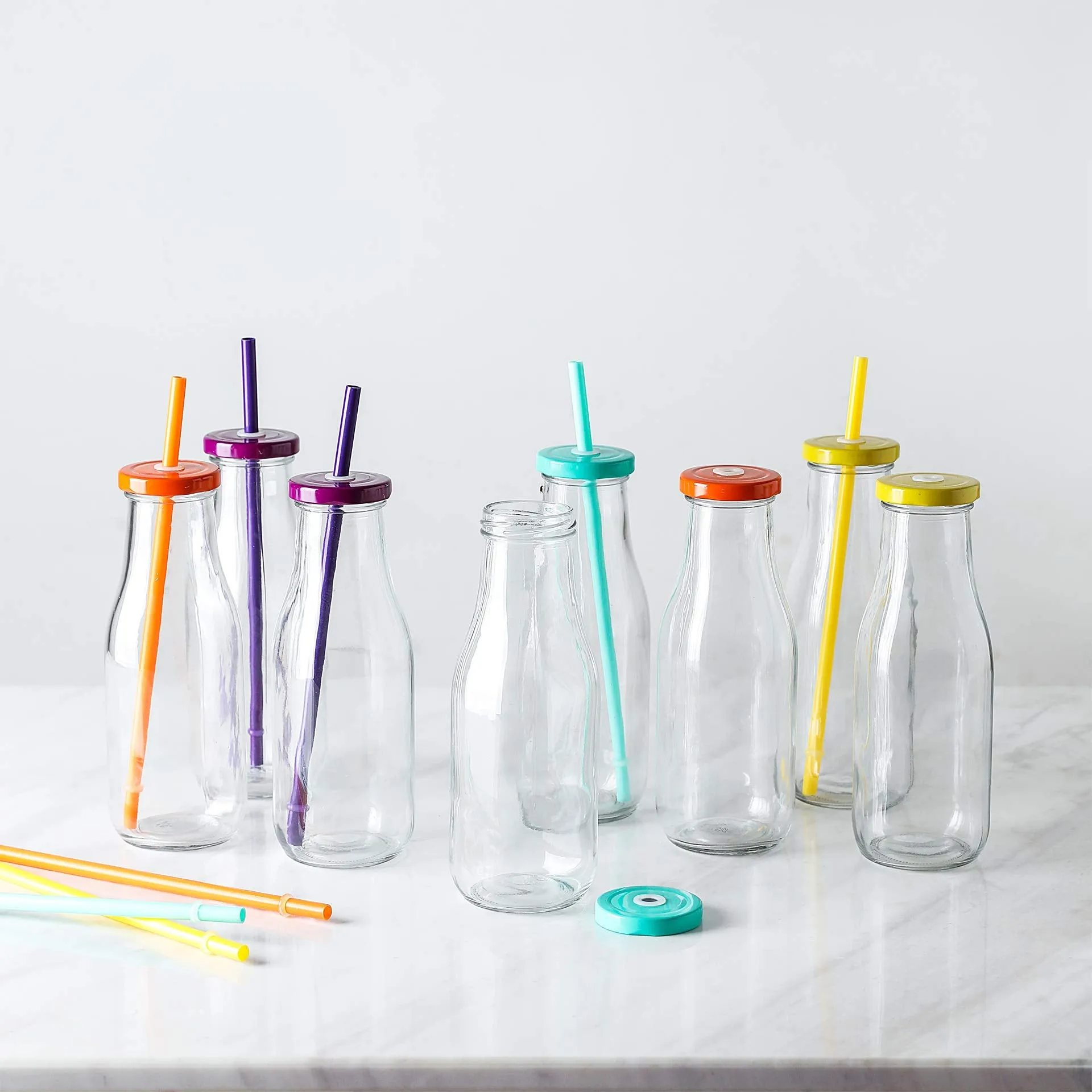 14 Oz Glass Milk Bottles with Colorful Metal Twist Lids and Straws, Reusable for Milk