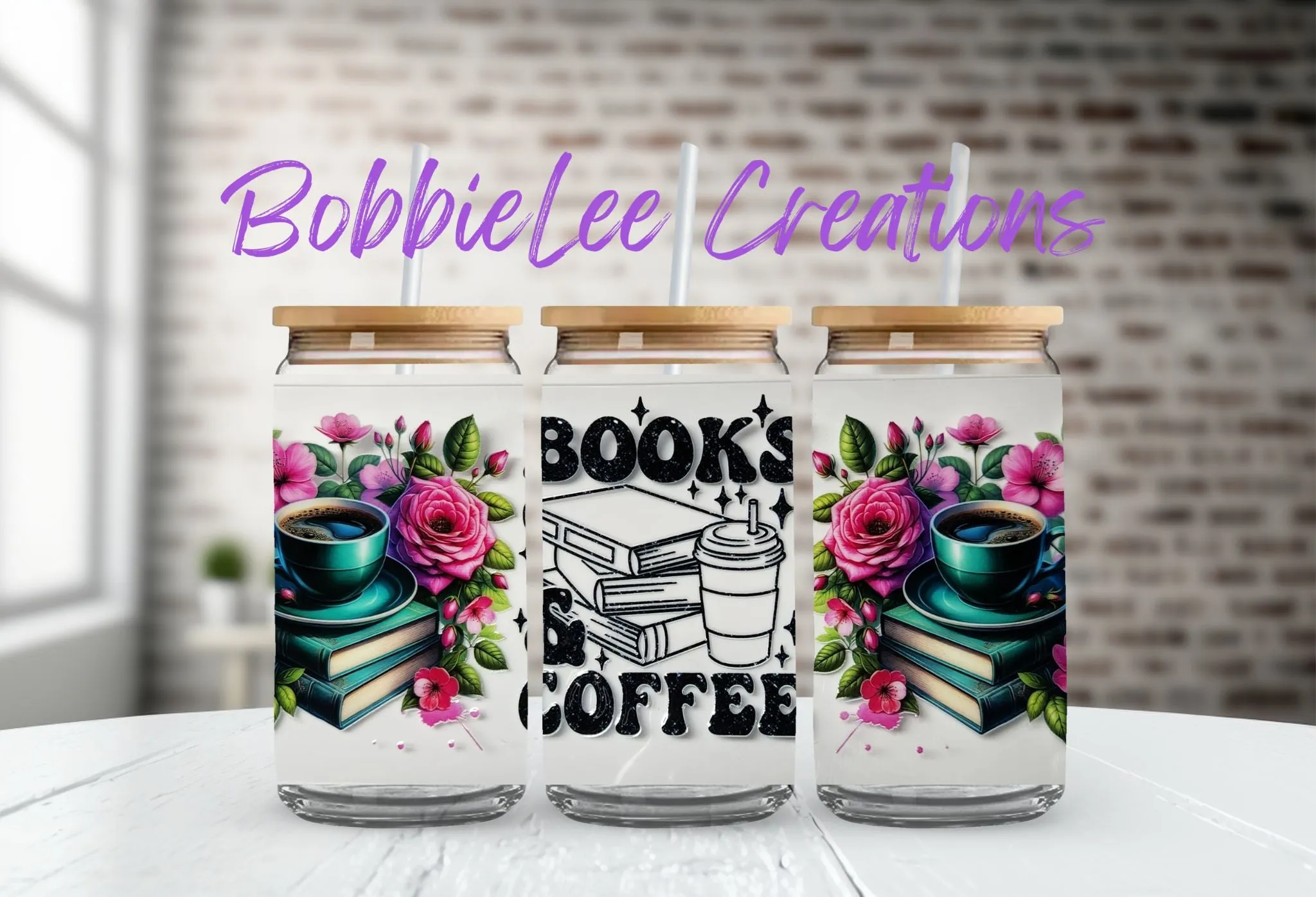 16oz Glass or Plastic Cup-Books and Coffee Floral SM