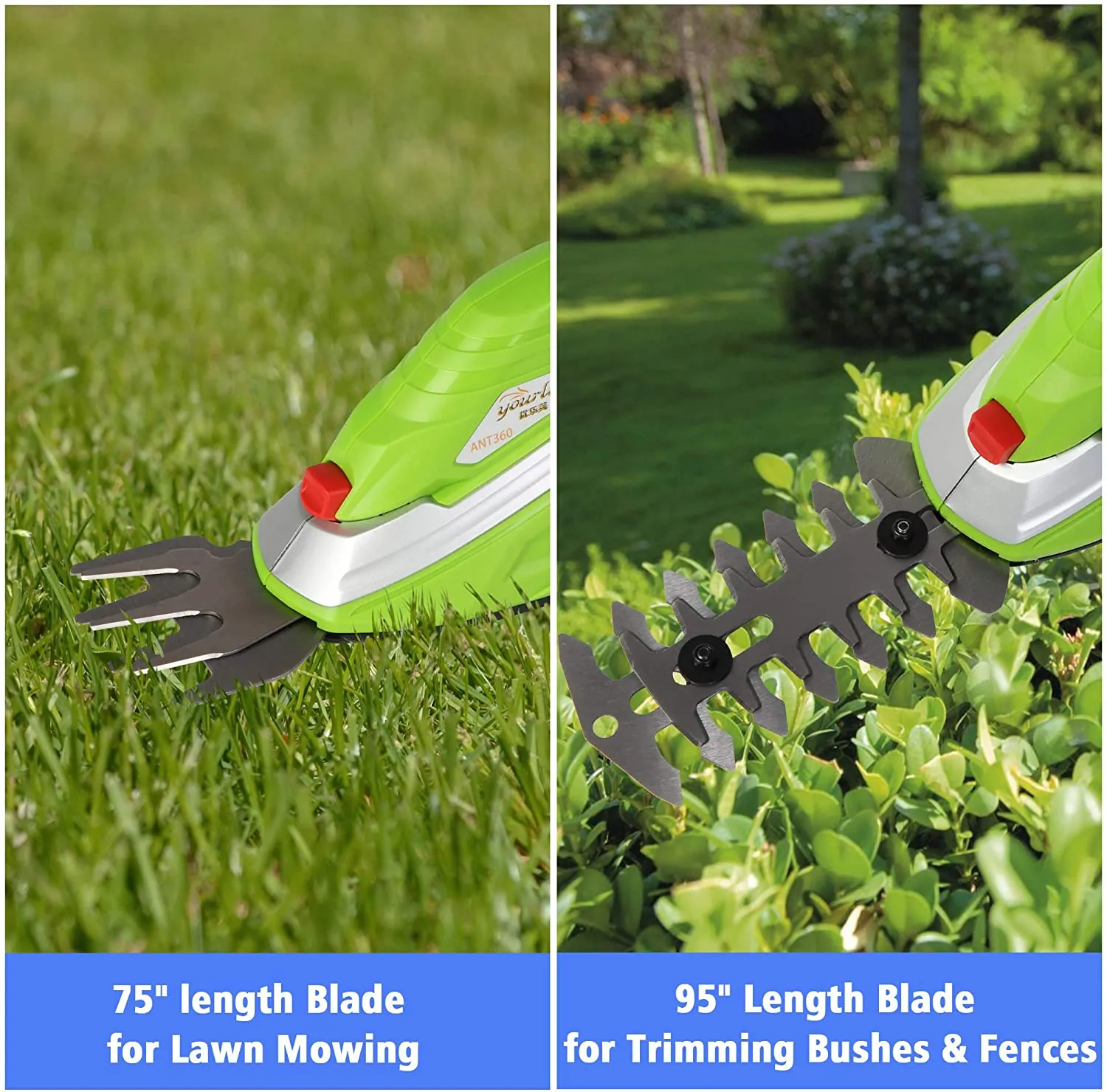 2-in-1 Cordless Hedge Trimmer 60min Shrubber w/Protective Shells Grass Shear Combo Rechargeable 3.6V Li-Ion Battery 2.45 lbs for Easy-Carry