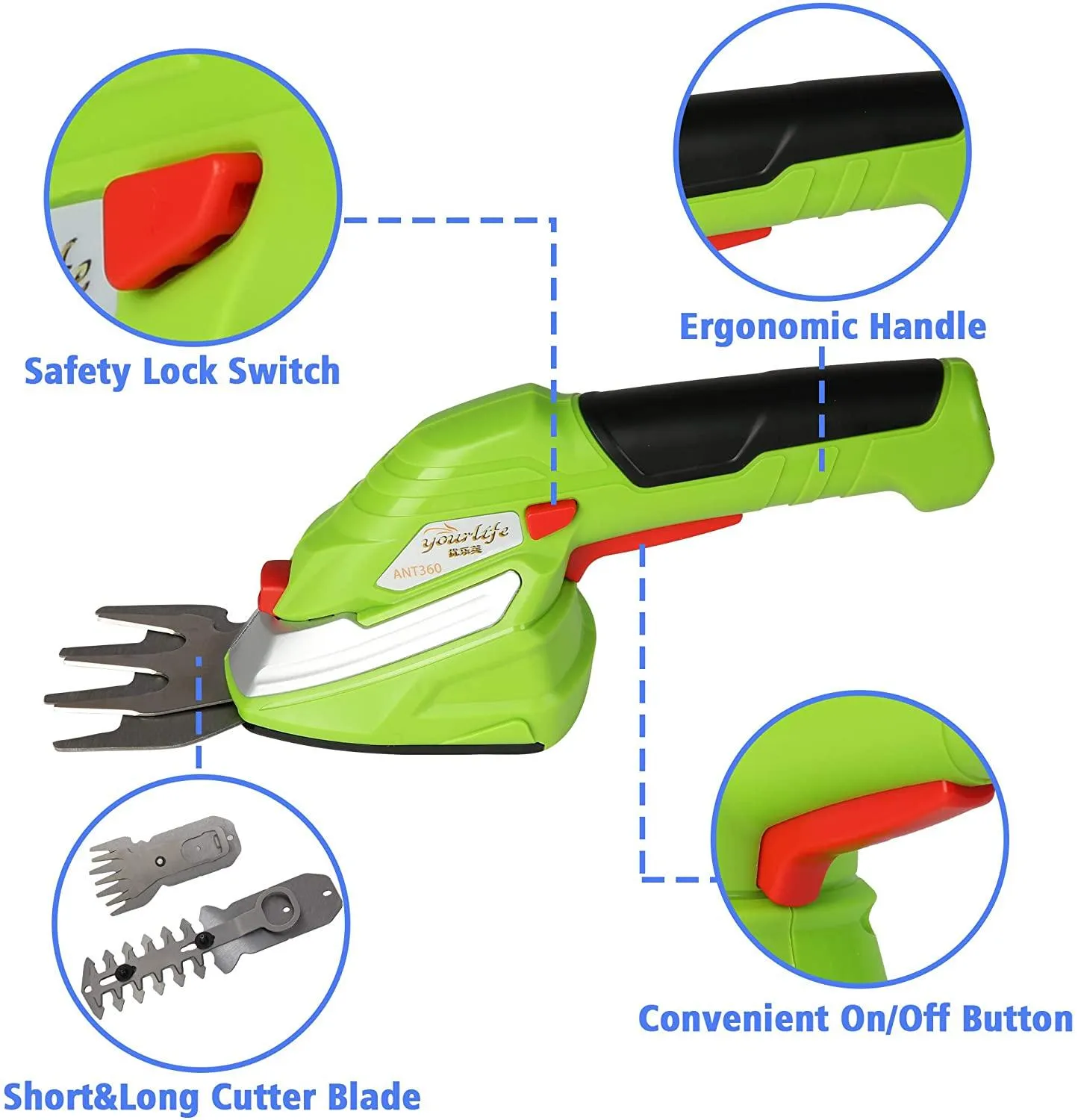 2-in-1 Cordless Hedge Trimmer 60min Shrubber w/Protective Shells Grass Shear Combo Rechargeable 3.6V Li-Ion Battery 2.45 lbs for Easy-Carry