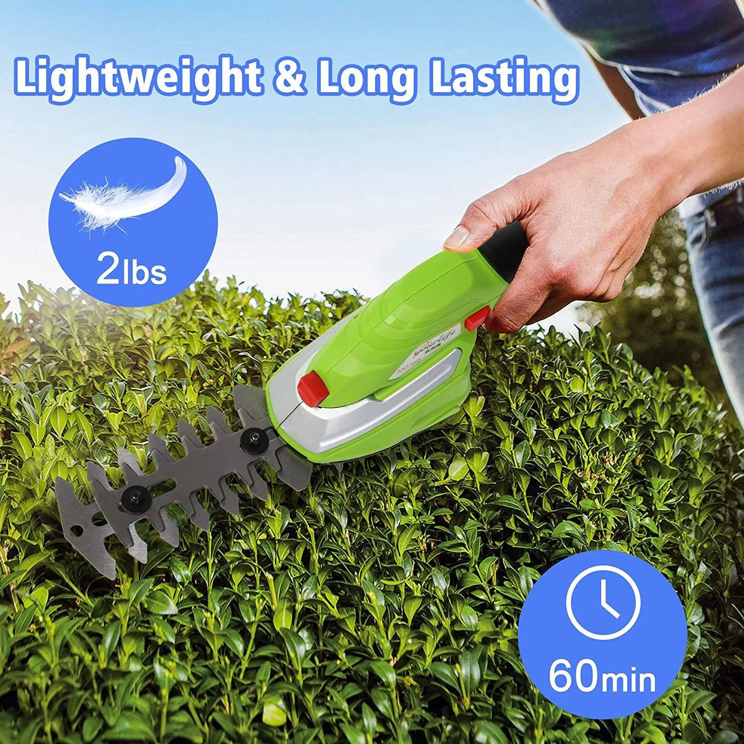 2-in-1 Cordless Hedge Trimmer 60min Shrubber w/Protective Shells Grass Shear Combo Rechargeable 3.6V Li-Ion Battery 2.45 lbs for Easy-Carry