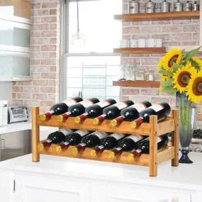 2-Tier 12 Bottles Bamboo Storage Shelf  Wine Rack-Natural