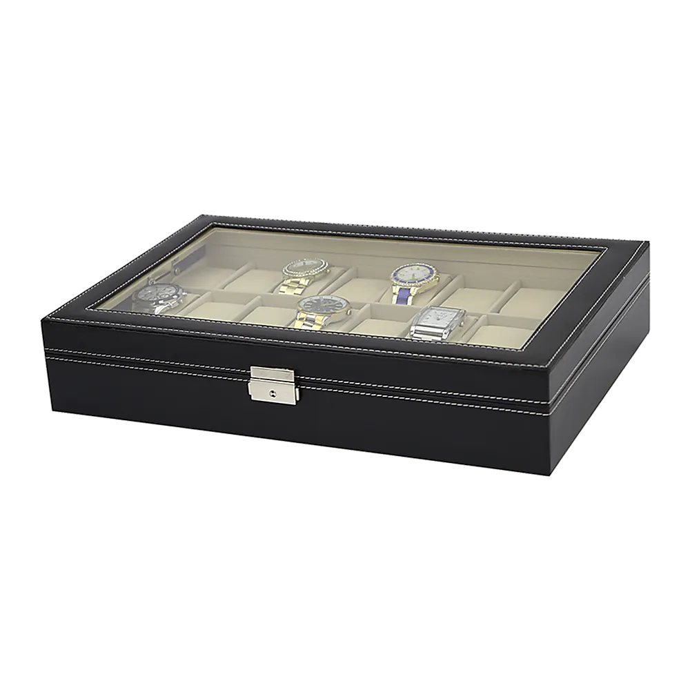 24 Slot Luxury Watch Box, Wood & Velvet Storage Case, Glass Lid