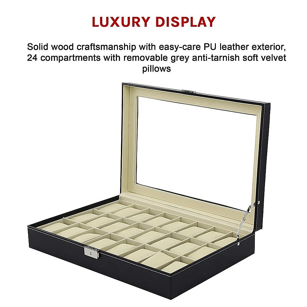 24 Slot Luxury Watch Box, Wood & Velvet Storage Case, Glass Lid