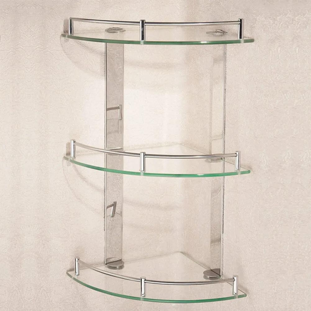 3 Tiers Bathroom Tempered Glass Corner Shelf with Steel Rail Wall Mounted