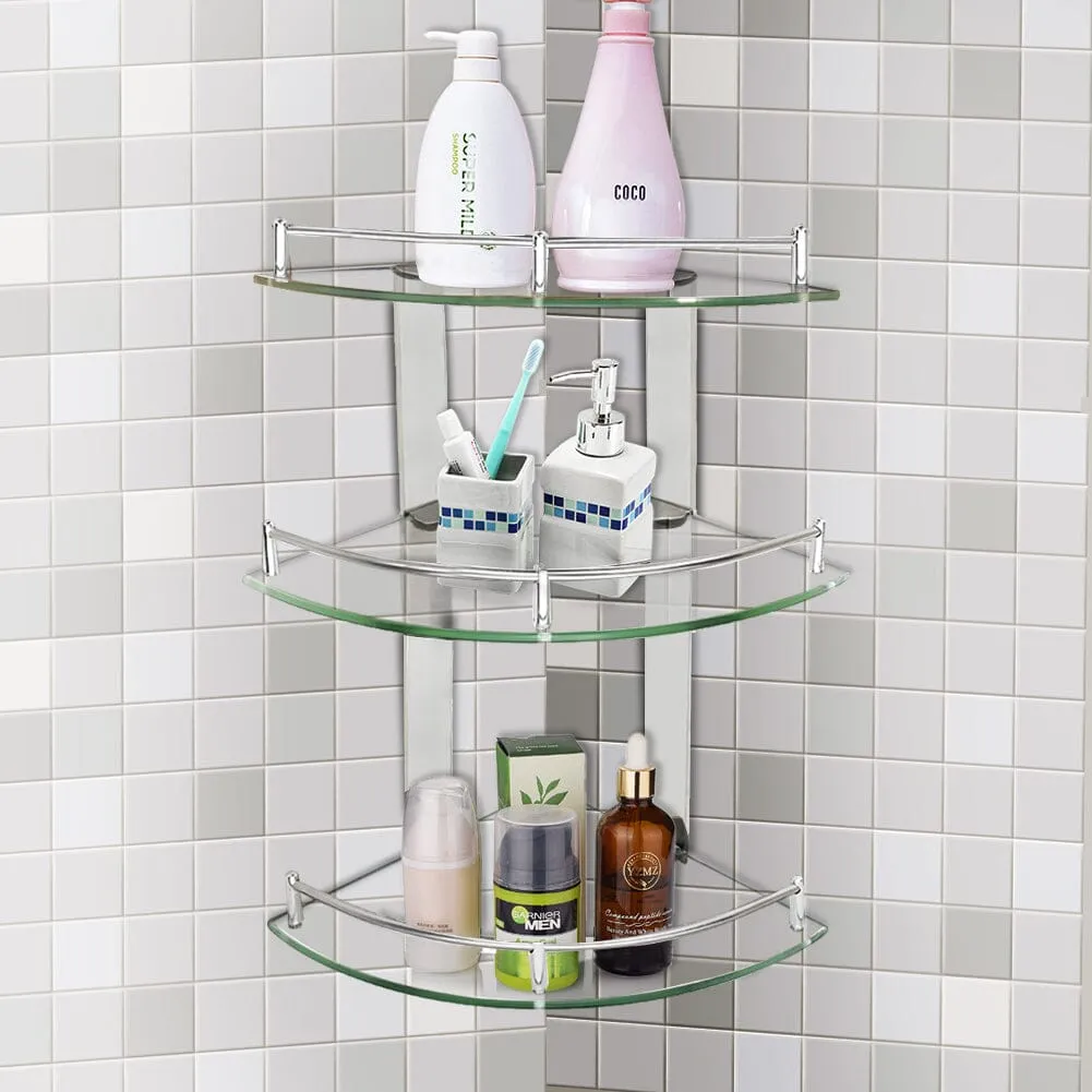 3 Tiers Bathroom Tempered Glass Corner Shelf with Steel Rail Wall Mounted