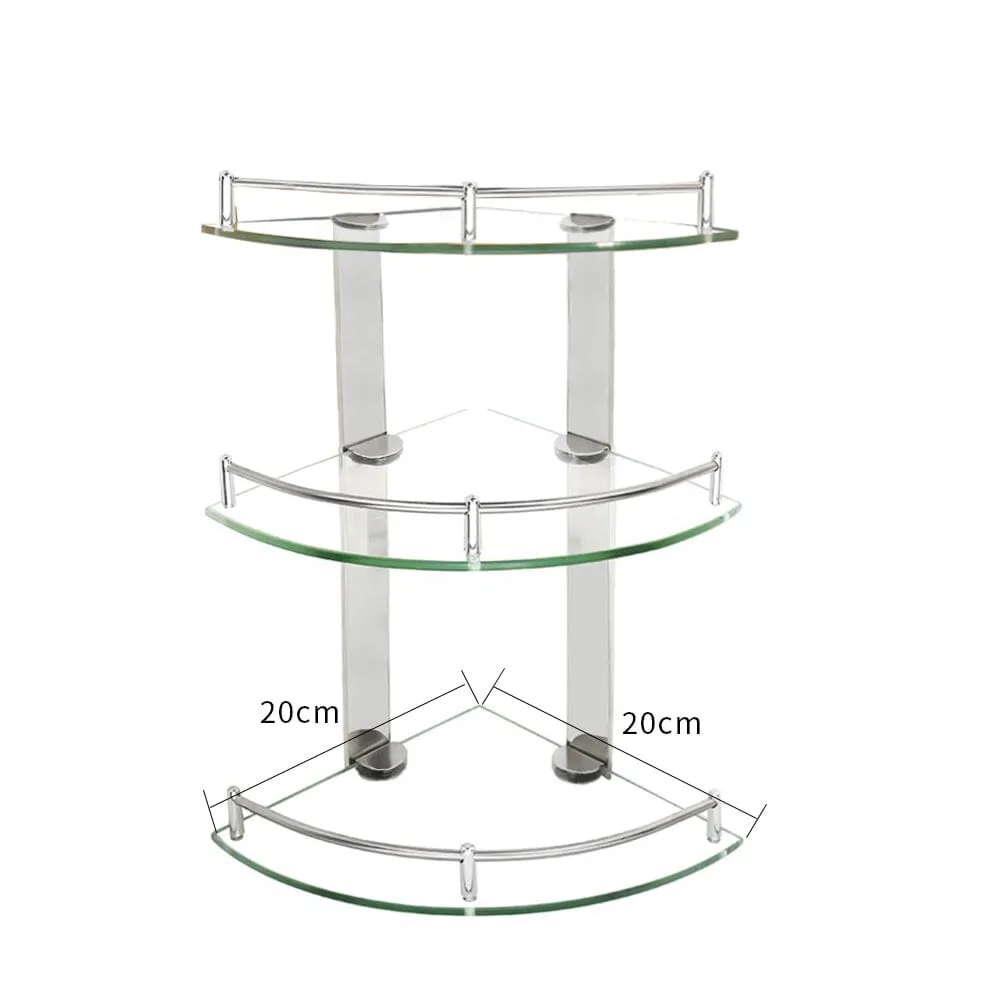 3 Tiers Bathroom Tempered Glass Corner Shelf with Steel Rail Wall Mounted