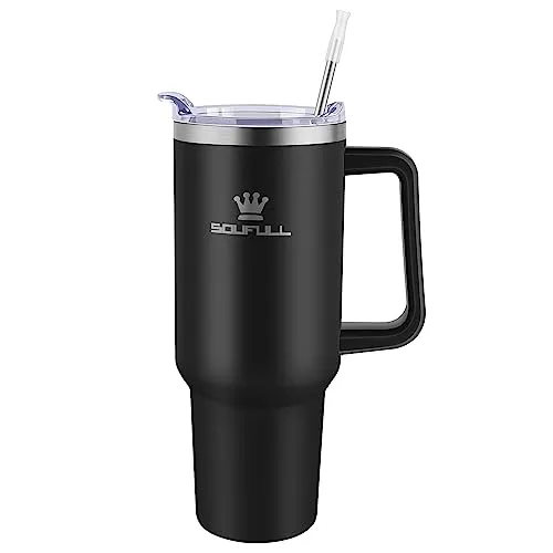 40 oz Tumbler with Handle and Straw Lid, 100% Leak-proof Travel Coffee Mug, Stainless Steel Insulated Cup for Hot and Cold Beverages, Keeps Cold for 34Hrs or Hot for 10Hrs, Dishwasher Safe (Black)