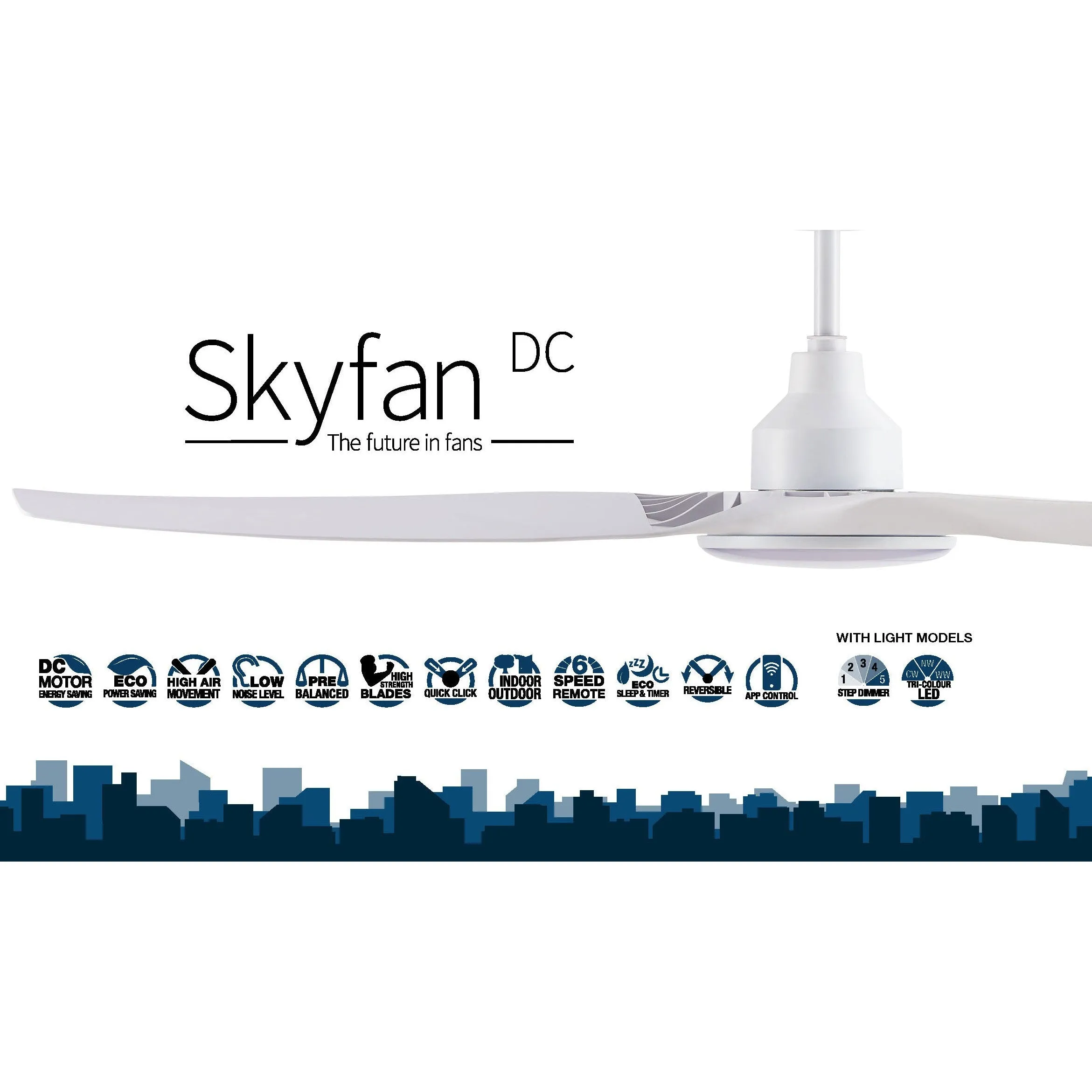 60" Skyfan DC Ceiling Fan w/Light in Black, Teak or White SKY1503BL-L, SKY1503TK-L, SKY1503WH-L