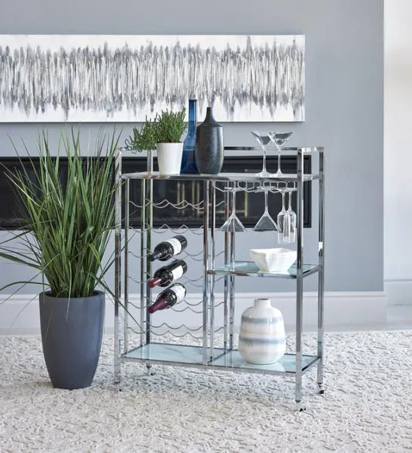 Accalia Chrome Metal Serving Cart with Glass Shelves