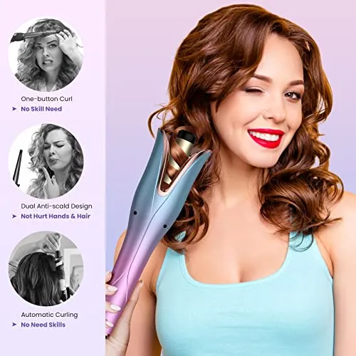 Aliavos Automatic Curling Iron, Auto Hair Curler with 4 Temp Up to 425℉& 3 Timer & Dual Voltage,1" Larger Rotating Barrel Curling Wand,Fast Heating, Anti-Scald, Auto Shut-Off Spin Iron for Styling