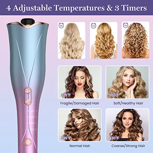 Aliavos Automatic Curling Iron, Auto Hair Curler with 4 Temp Up to 425℉& 3 Timer & Dual Voltage,1" Larger Rotating Barrel Curling Wand,Fast Heating, Anti-Scald, Auto Shut-Off Spin Iron for Styling