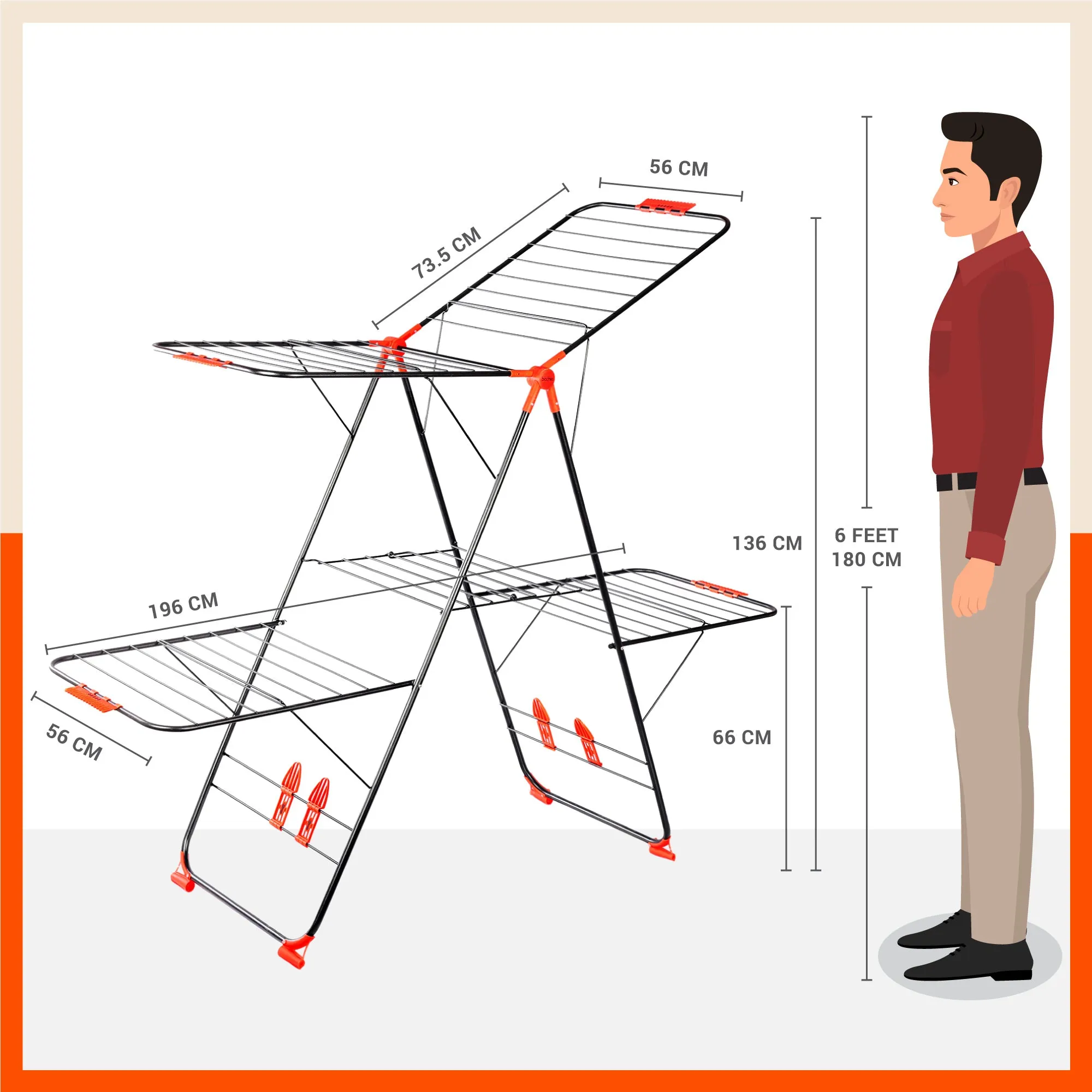 Bathla Mobidry Neo  2 Level Foldable Cloth Drying Stand for Home(Black & Orange -XL)