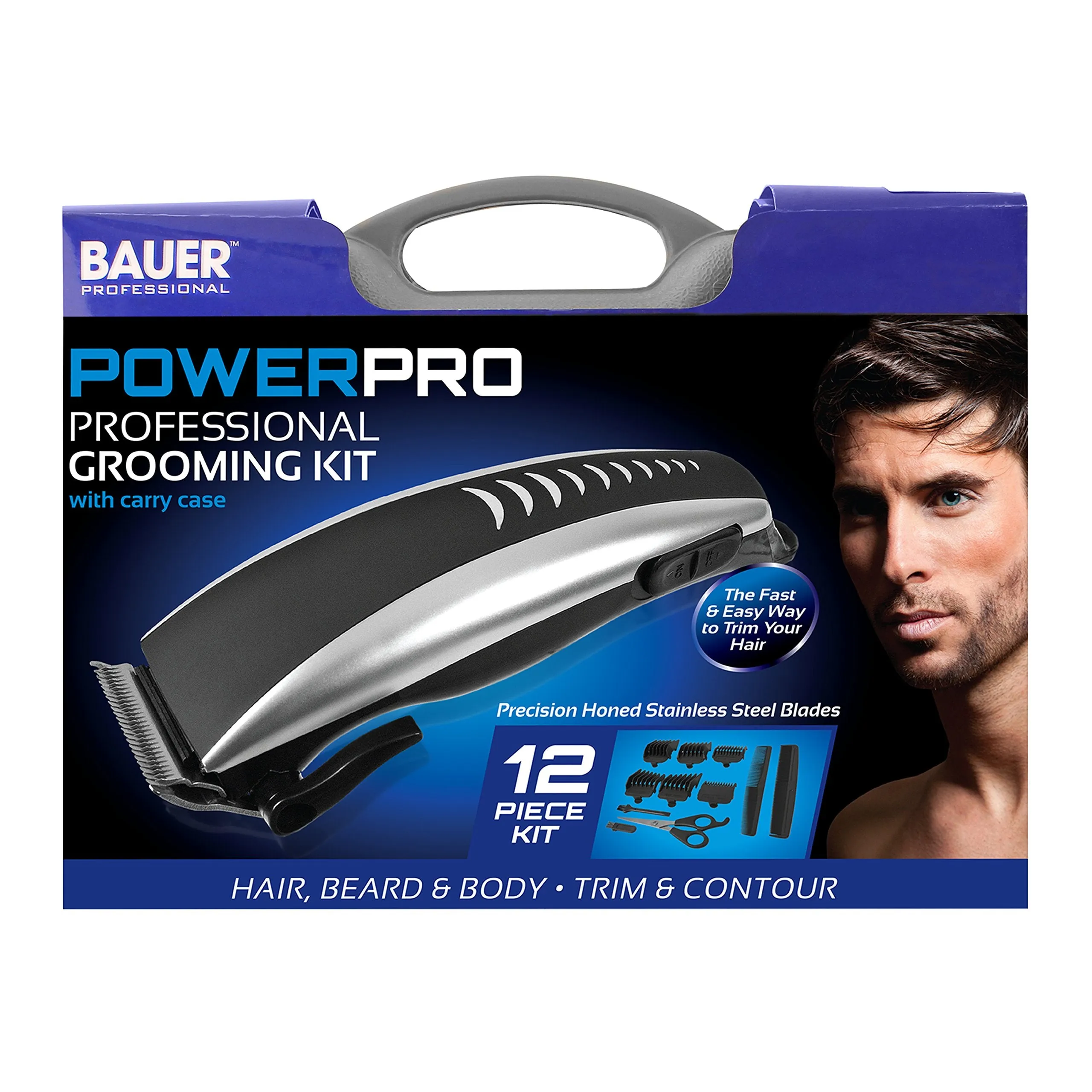 Bauer 38790 PowerPro Professional Grooming Kit | Men's Hair Clippers | 12 Piece Accessory Set | Mains Powered | Hard Carry Case