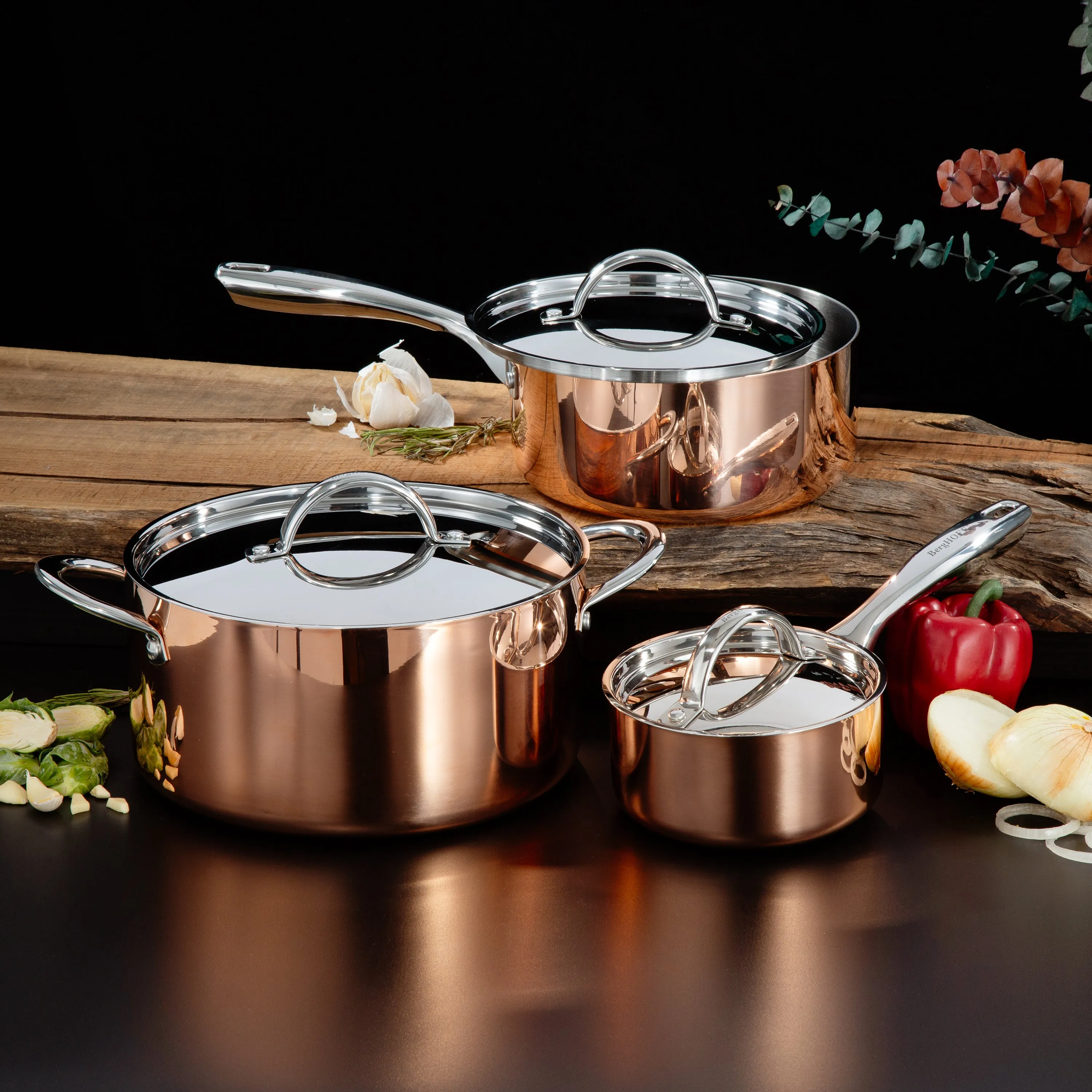 BergHOFF Vintage 6pc Tri-Ply Copper Cookware Set with Lids, Polished