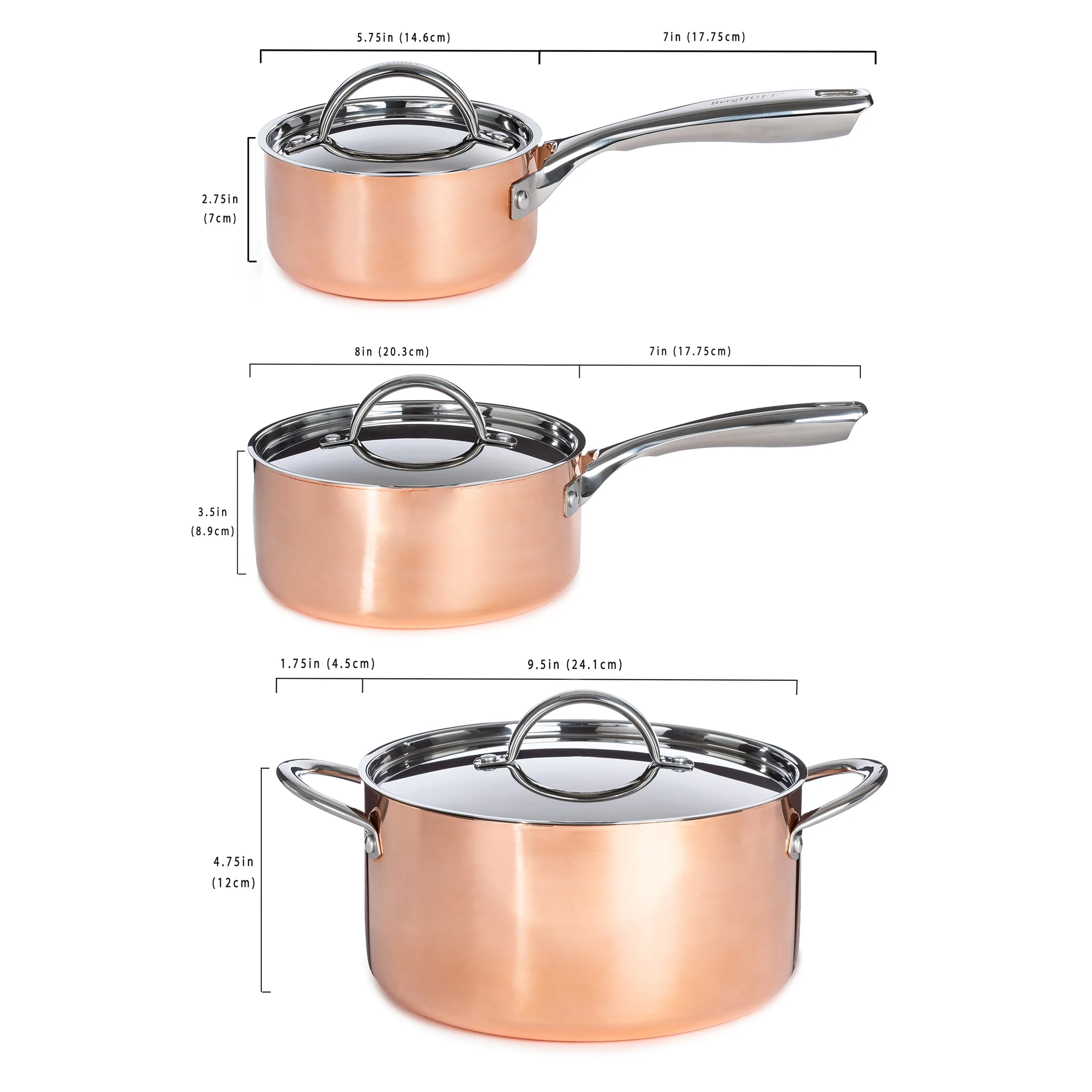 BergHOFF Vintage 6pc Tri-Ply Copper Cookware Set with Lids, Polished