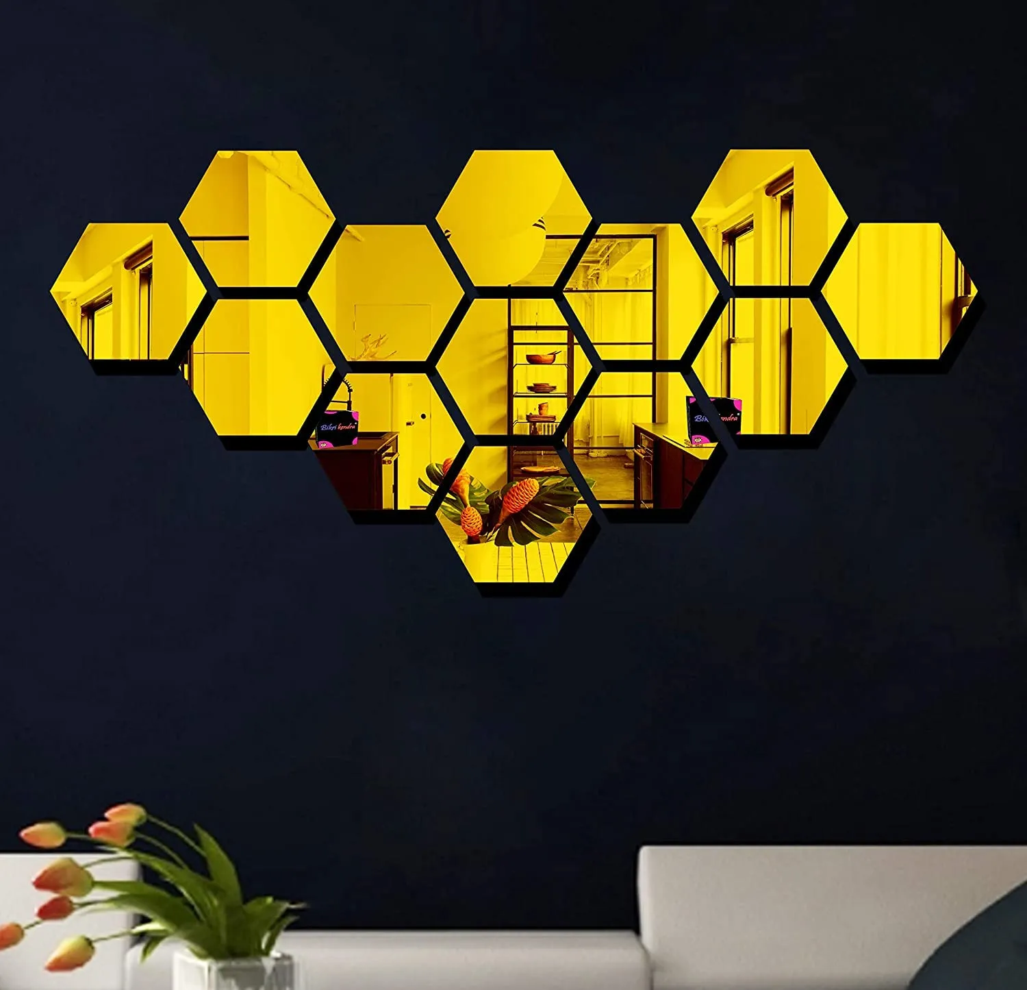 Bikri Kendra Ind - Hexagon 13 Golden Mirror Stickers for Wall, Acrylic Mirror, Acrylic Mirror Wall Decor Sticker, Wall Mirror Stickers, Acrylic Stickers, Wall Stickers