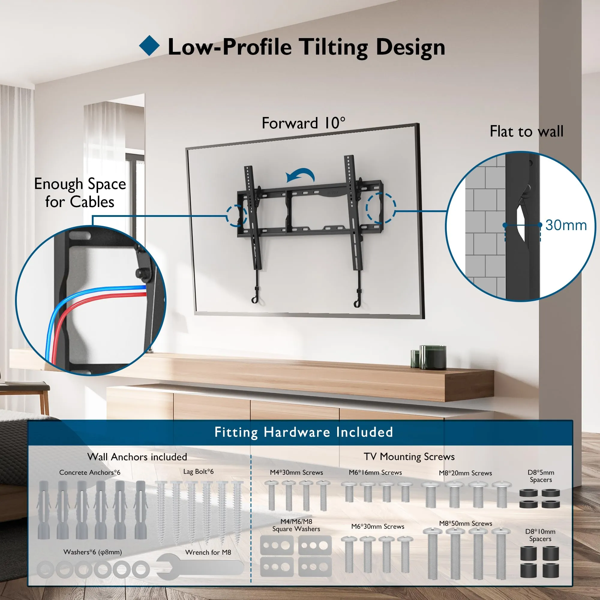 BONTEC Tilting TV Wall Mount for Most 17-86 inch LED OLED LCD Flat Curved Screen TVs, TV Wall Bracket Holds up to 165LBS, Max VESA 600 x400mm