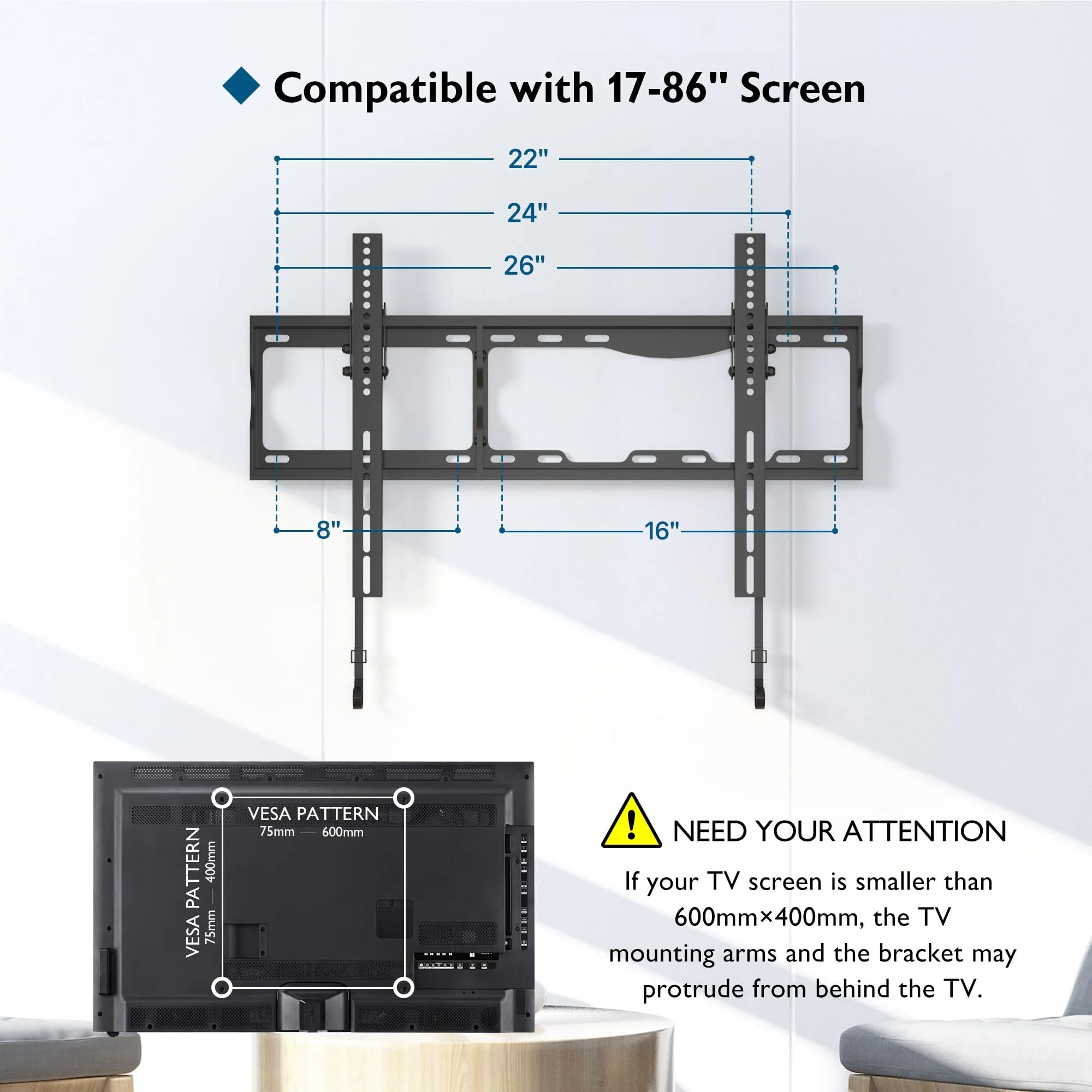 BONTEC Tilting TV Wall Mount for Most 17-86 inch LED OLED LCD Flat Curved Screen TVs, TV Wall Bracket Holds up to 165LBS, Max VESA 600 x400mm