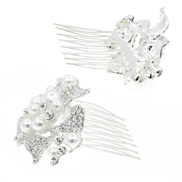 Bridal Decorative Comb Rhinestone 5-Petal Flower with Glass Pearls