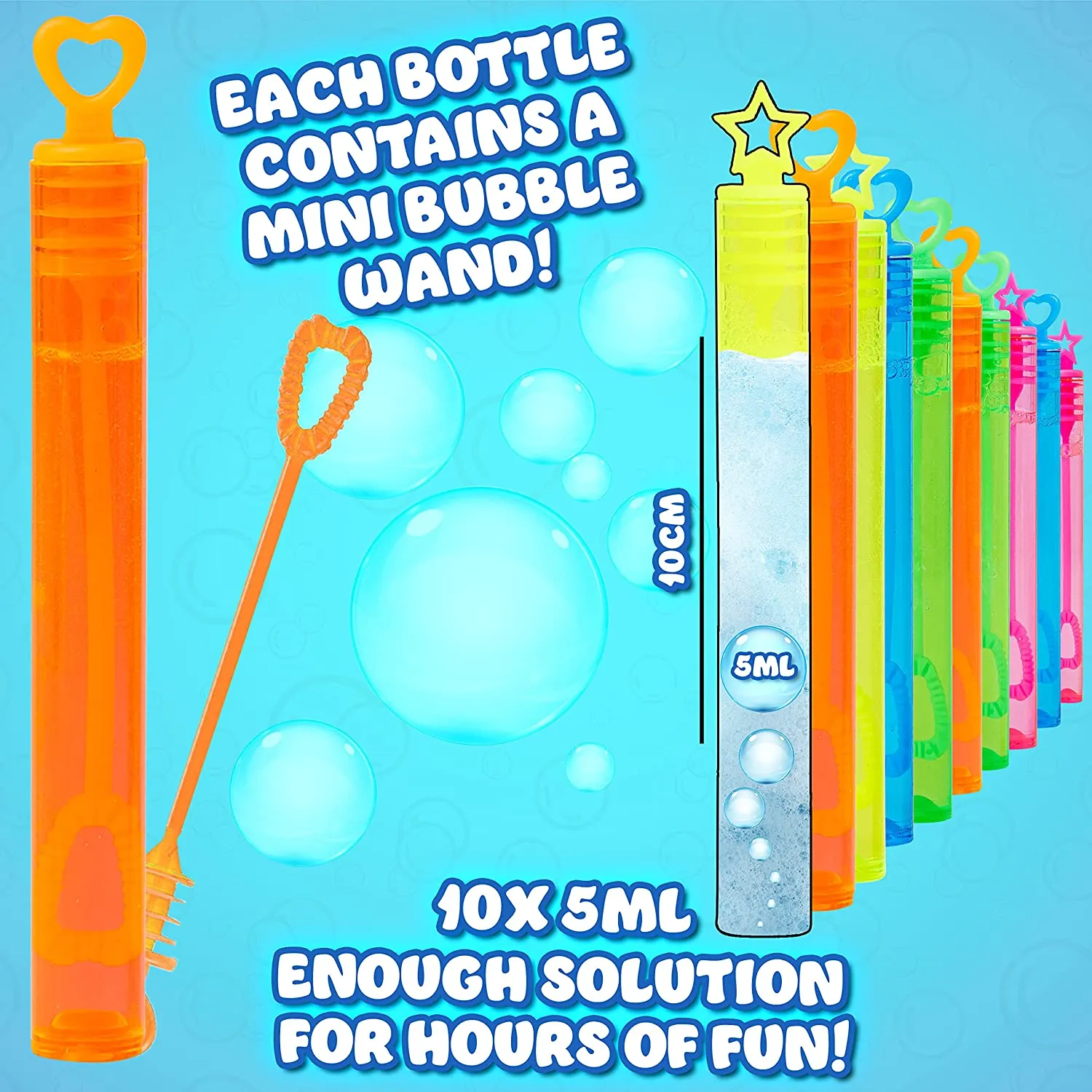 Bubble Wands for Kids with 5ml of Bubbles - 10 Bubble Wands