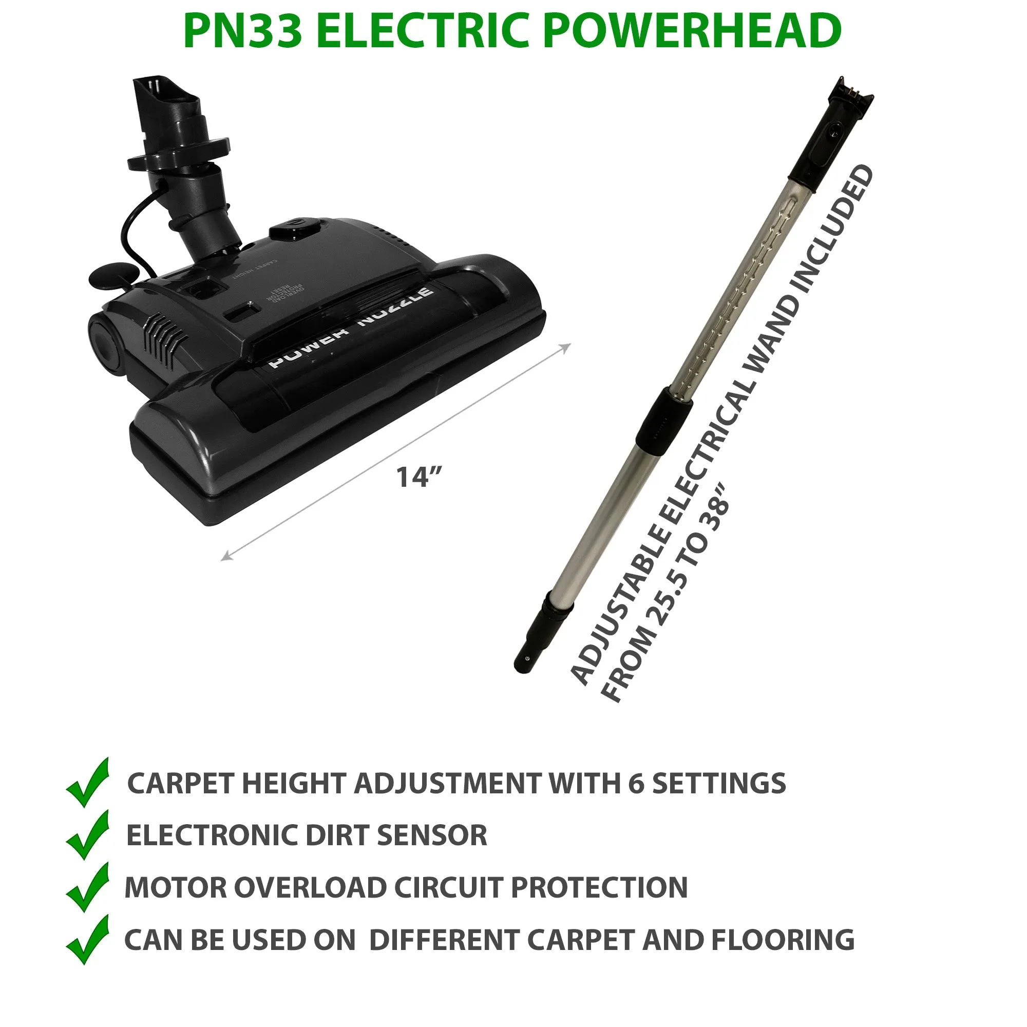 Central Vacuum Electric Powerhead Nozzle Brush Attachment with Integrated Telescopic Wand