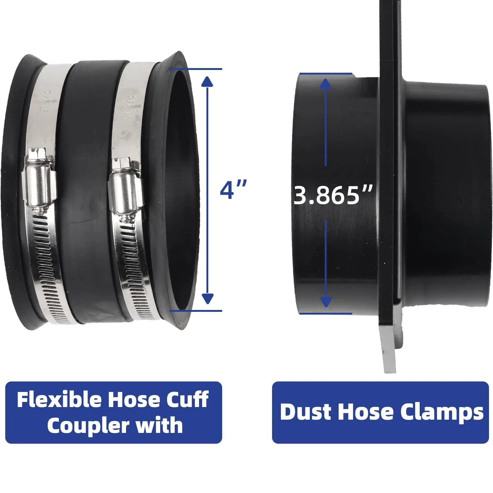 (Combo Pack) 4" to 2-1/2" Hose Cone Reducer, Dust Collection Fitting & 4” Flexible Hose Cuff Coupler & Blast Gate for Dust Collection Systems with