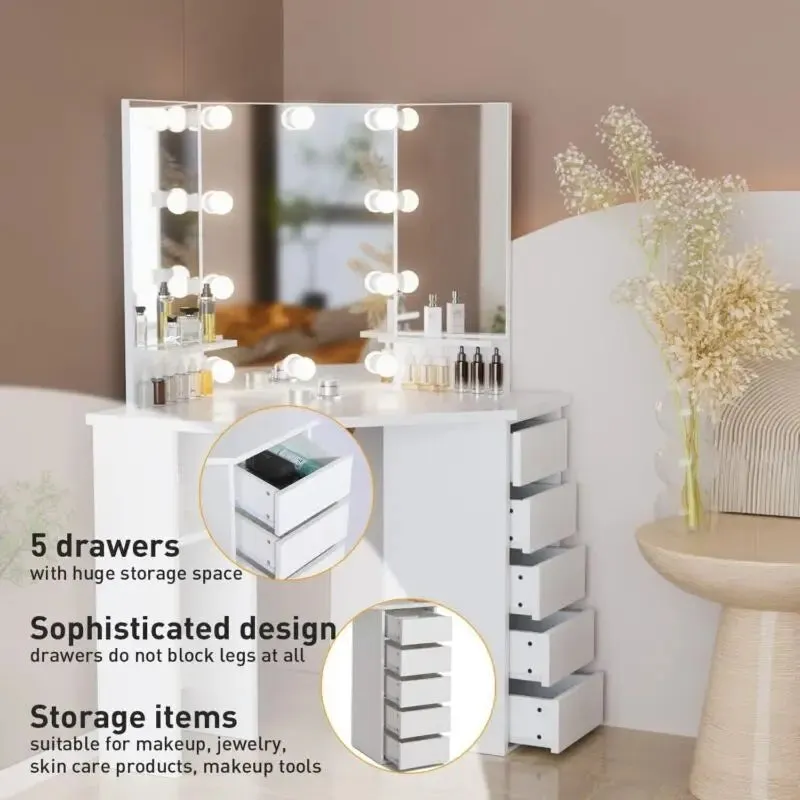 Corner Vanity Makeup Dressing Table with LED Mirror and Storage