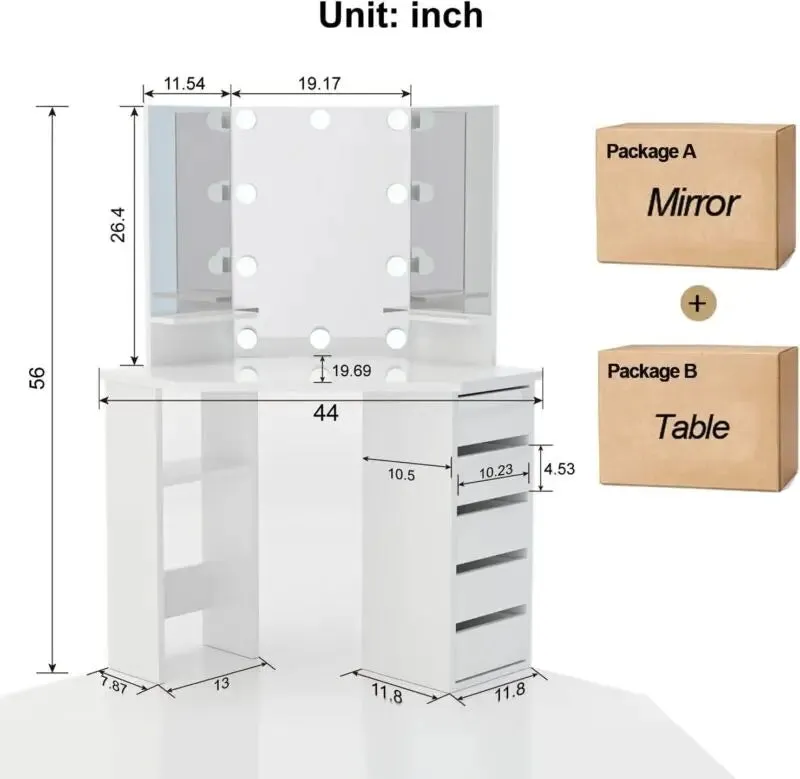 Corner Vanity Makeup Dressing Table with LED Mirror and Storage