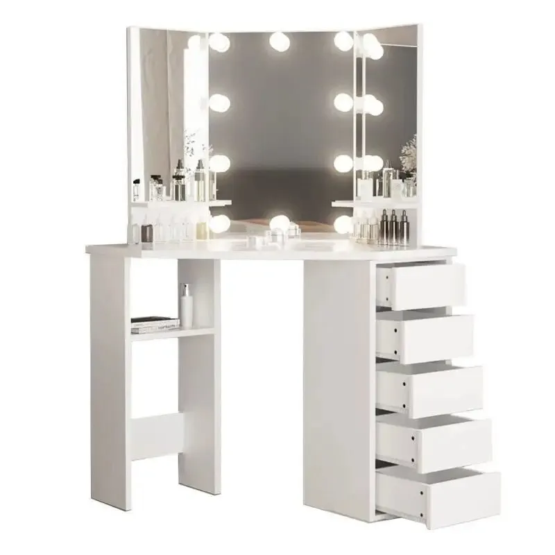 Corner Vanity Makeup Dressing Table with LED Mirror and Storage