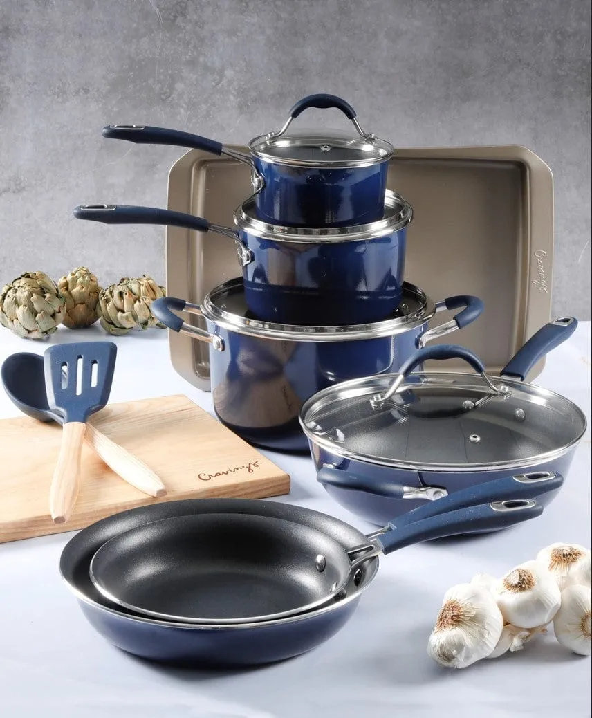 Cravings by Chrissy Teigen 14 Pieces Nonstick Aluminum Cookware Set, Blue