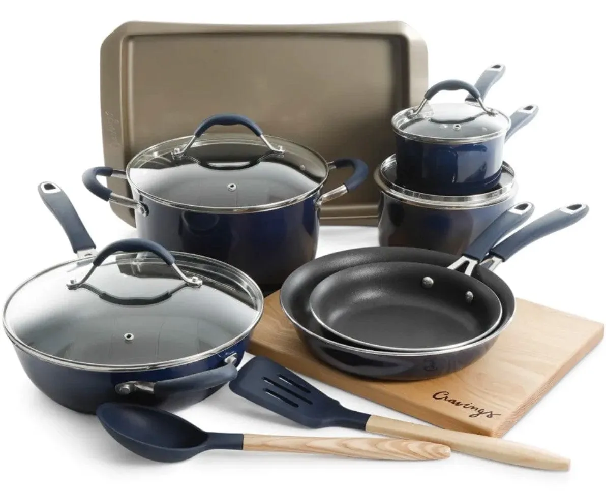 Cravings by Chrissy Teigen 14 Pieces Nonstick Aluminum Cookware Set, Blue