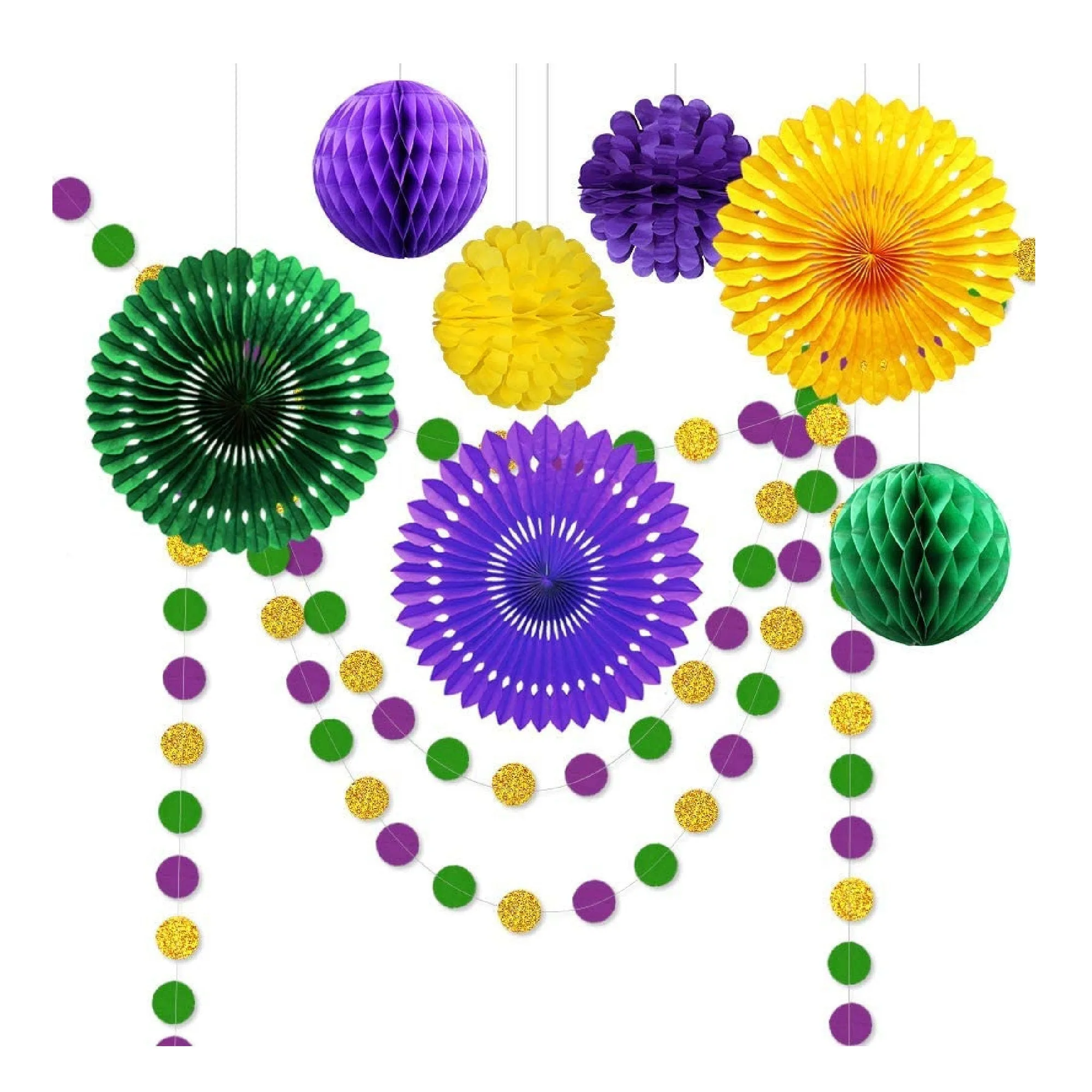 Decor365 Gold Purple Green Mardi Gras Party Decorations Glitter Circle Garlands Banner