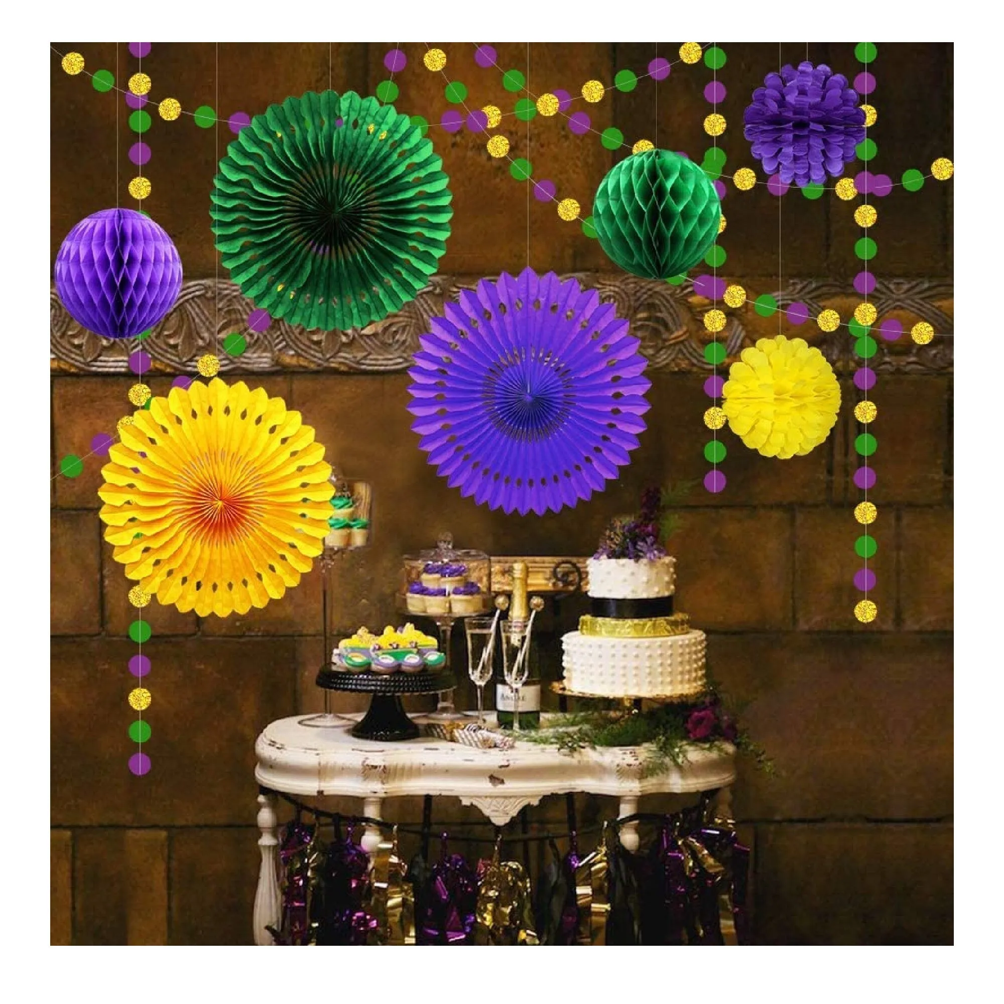 Decor365 Gold Purple Green Mardi Gras Party Decorations Glitter Circle Garlands Banner