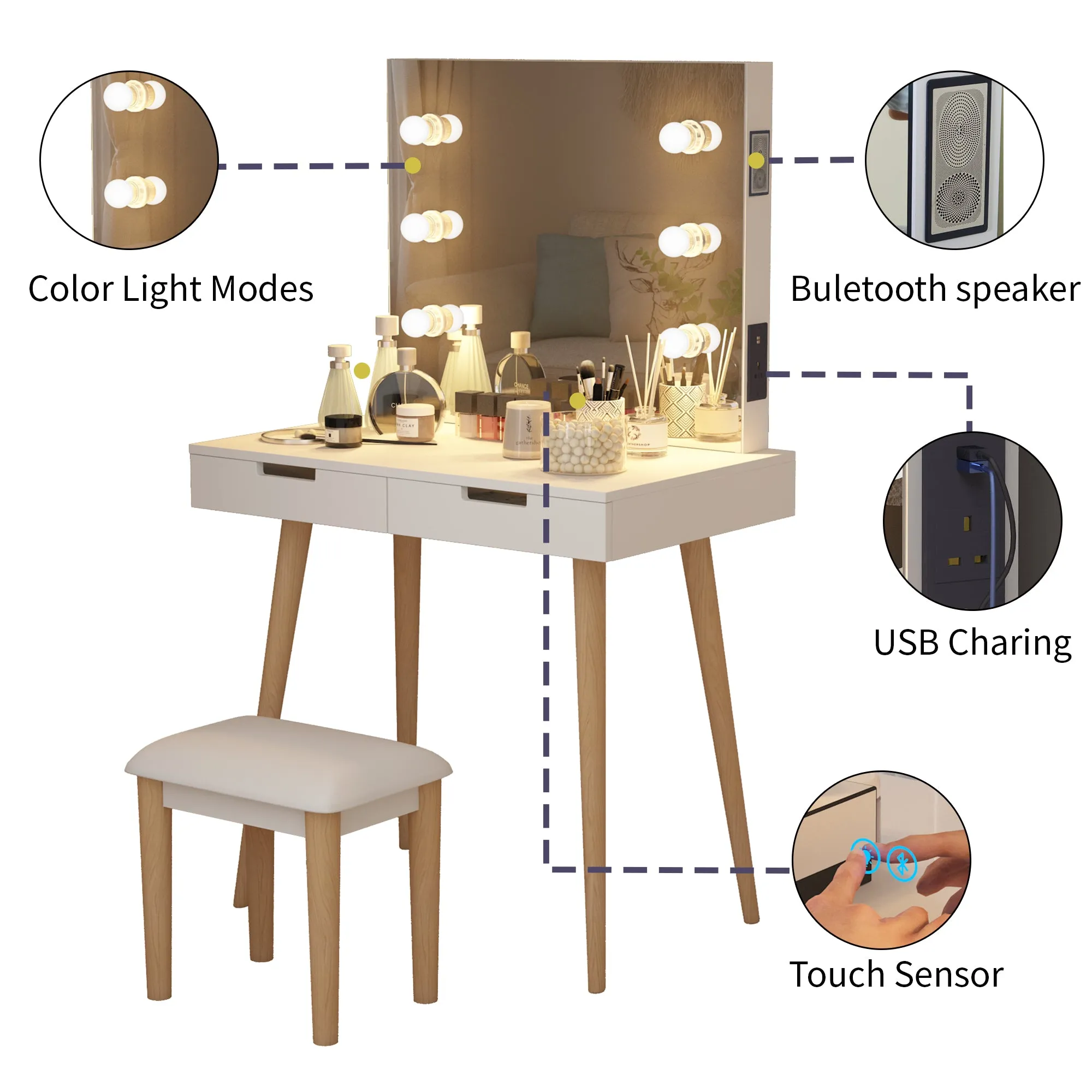 Facilehome Wooden Vanity Table Makeup Dressing Desk with LED Light,White