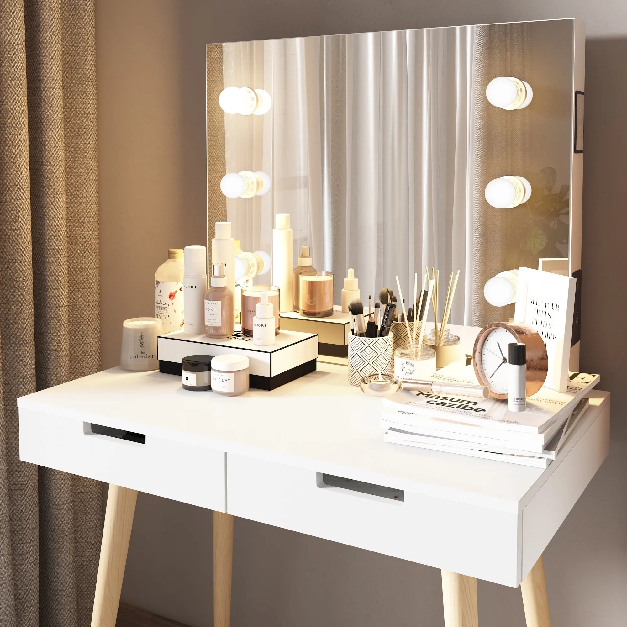 Facilehome Wooden Vanity Table Makeup Dressing Desk with LED Light,White