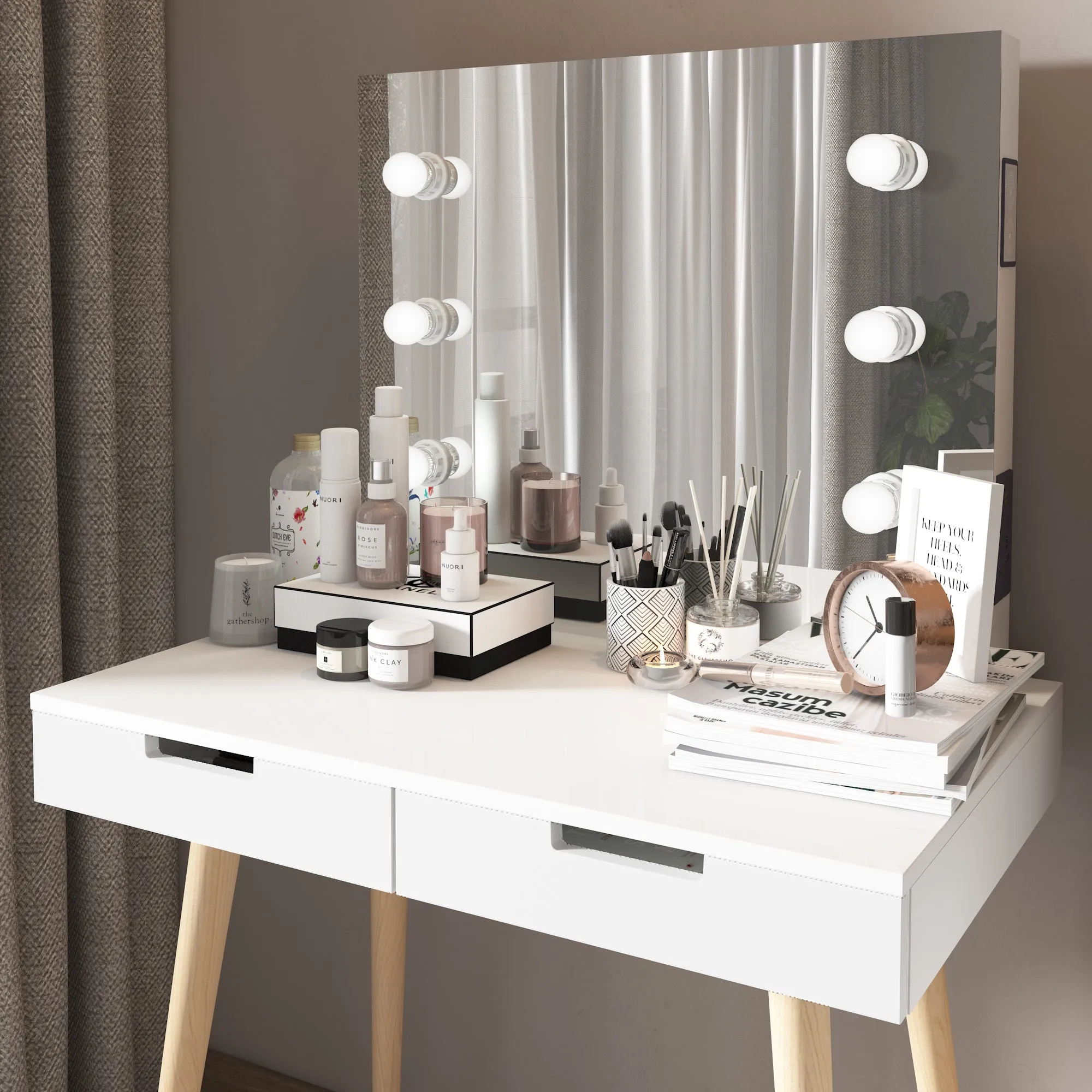 Facilehome Wooden Vanity Table Makeup Dressing Desk with LED Light,White