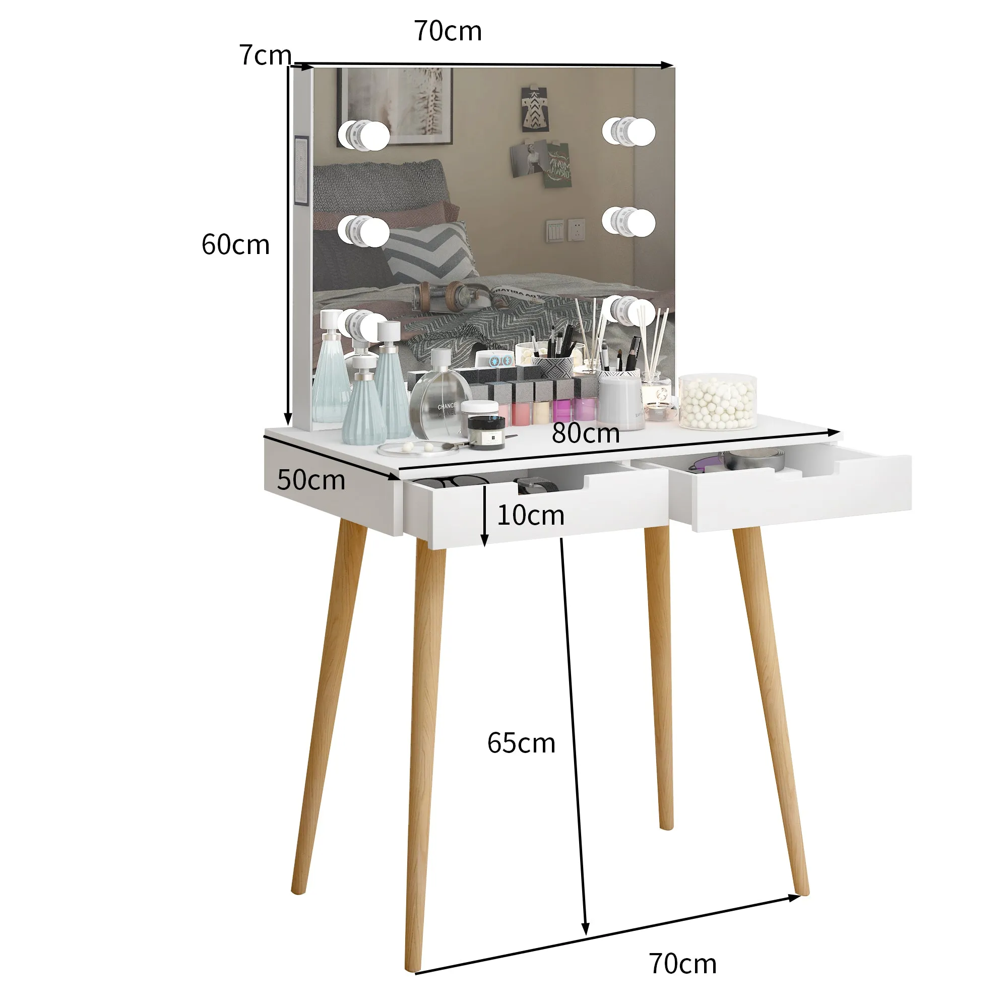 Facilehome Wooden Vanity Table Makeup Dressing Desk with LED Light,White