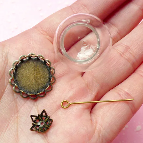 Glass Globe Necklace / Clear Glass Dome Charm / Glass Bubble / Glass Bottle (24mm) with Bronze Lace Base (1 Set) Miniature Terrarium F049