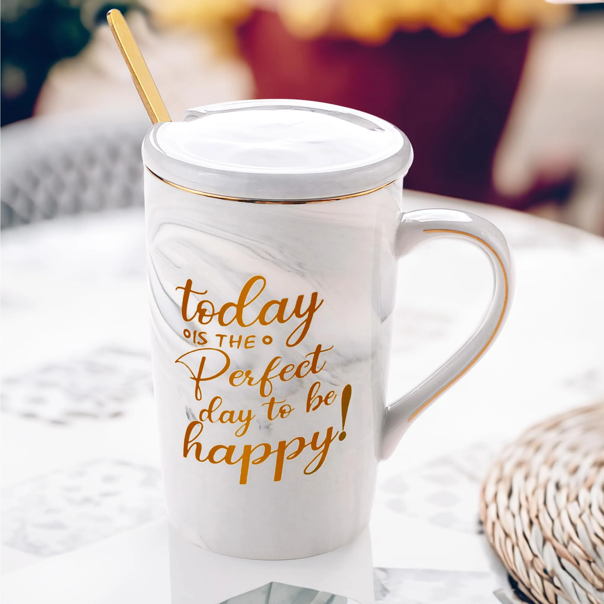 Gleevers Ceramic Coffee Mug with Lid & Spoon - Grey Chai Cup | with Gift Box and Bag | Perfect Gift for Loved Ones - Birthday, Christmas, Mother's Day | Today is a Perfect Day to be Happy