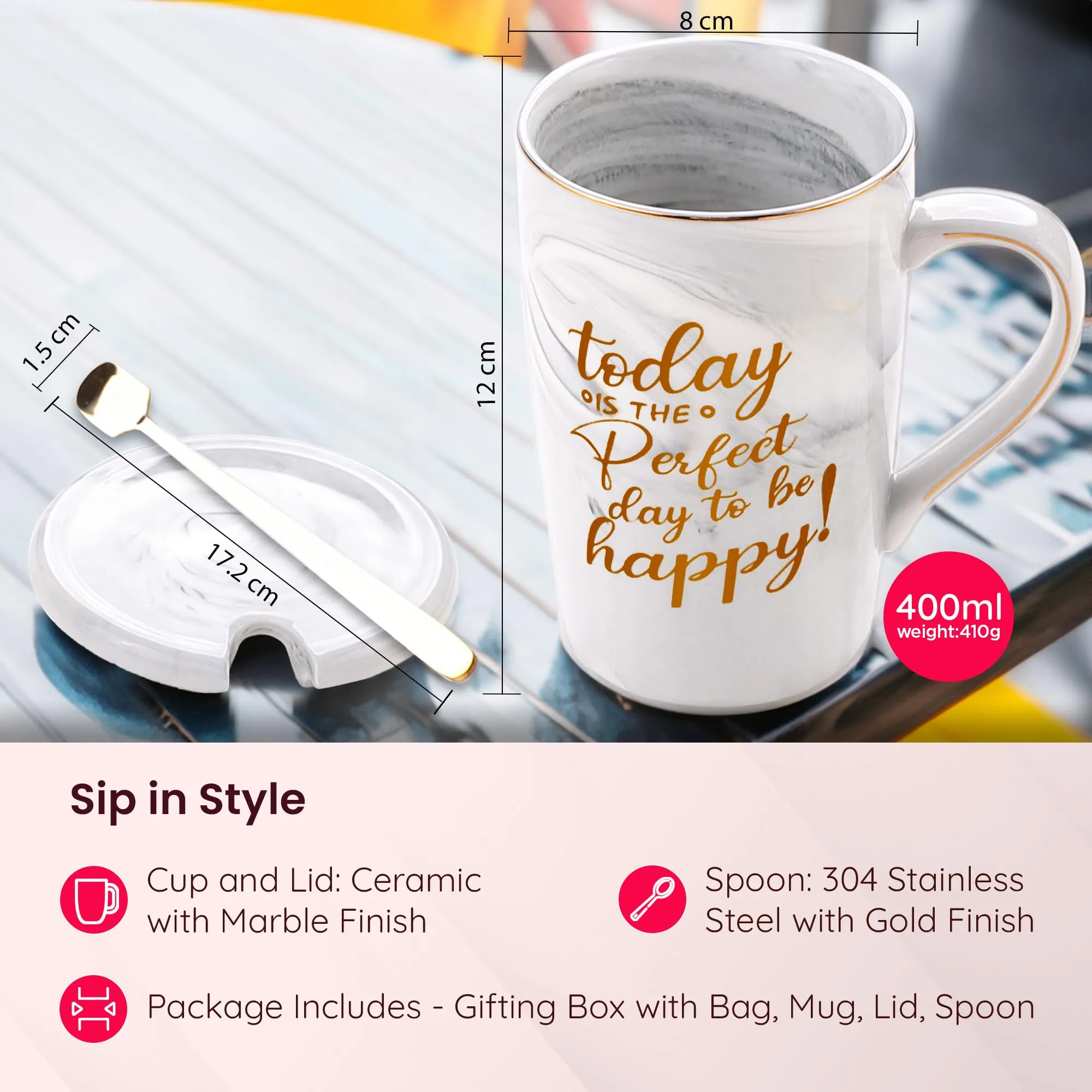 Gleevers Ceramic Coffee Mug with Lid & Spoon - Grey Chai Cup | with Gift Box and Bag | Perfect Gift for Loved Ones - Birthday, Christmas, Mother's Day | Today is a Perfect Day to be Happy