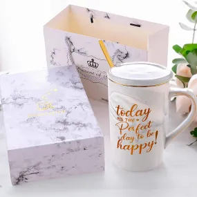 Gleevers Ceramic Coffee Mug with Lid & Spoon - Grey Chai Cup | with Gift Box and Bag | Perfect Gift for Loved Ones - Birthday, Christmas, Mother's Day | Today is a Perfect Day to be Happy