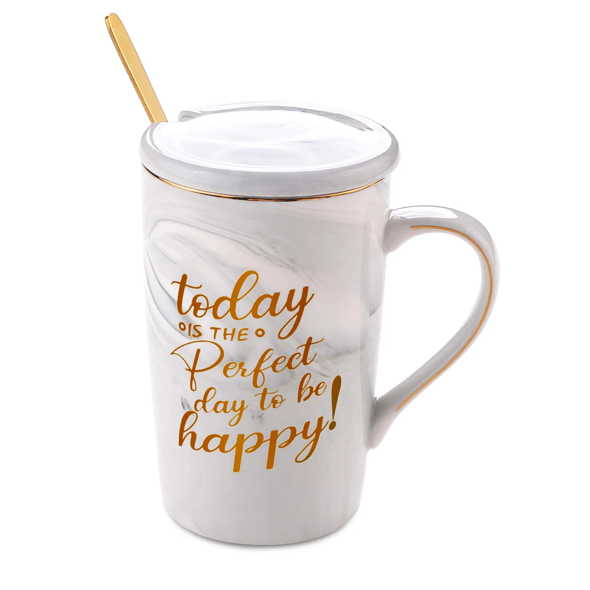 Gleevers Ceramic Coffee Mug with Lid & Spoon - Grey Chai Cup | with Gift Box and Bag | Perfect Gift for Loved Ones - Birthday, Christmas, Mother's Day | Today is a Perfect Day to be Happy