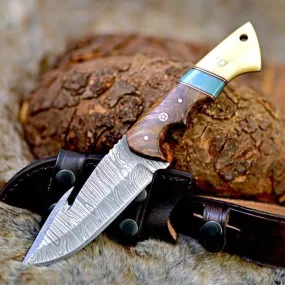 Gravity Damascus Gut Hook Hunting Knife with Exotic Rose Wood and Bone Handle