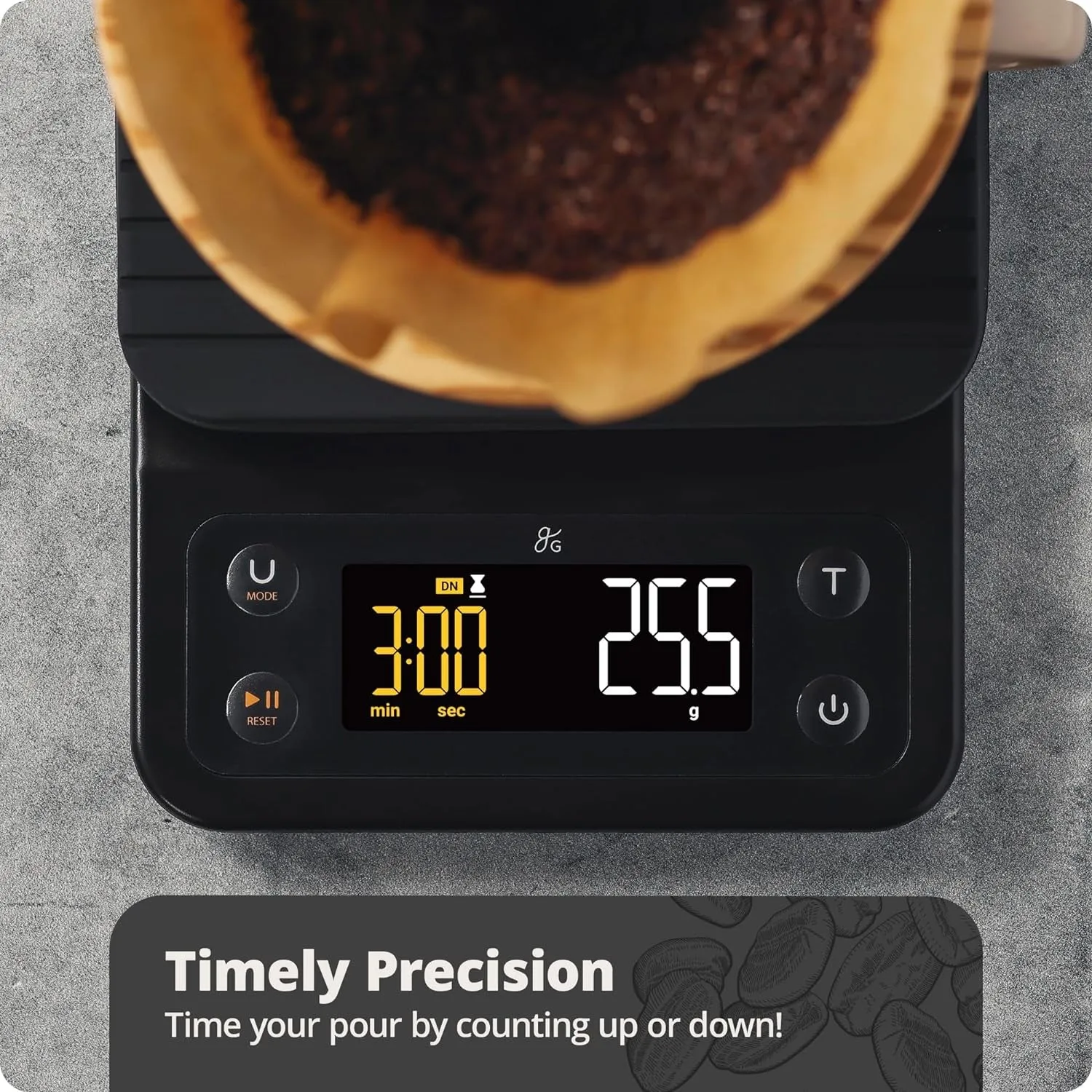 Greater Goods Digital Accurate Coffee Scale for Pour-Over Maker, with Timer for Great French Press and General Kitchen Use, Designed in St. Louis, (Onyx Black)