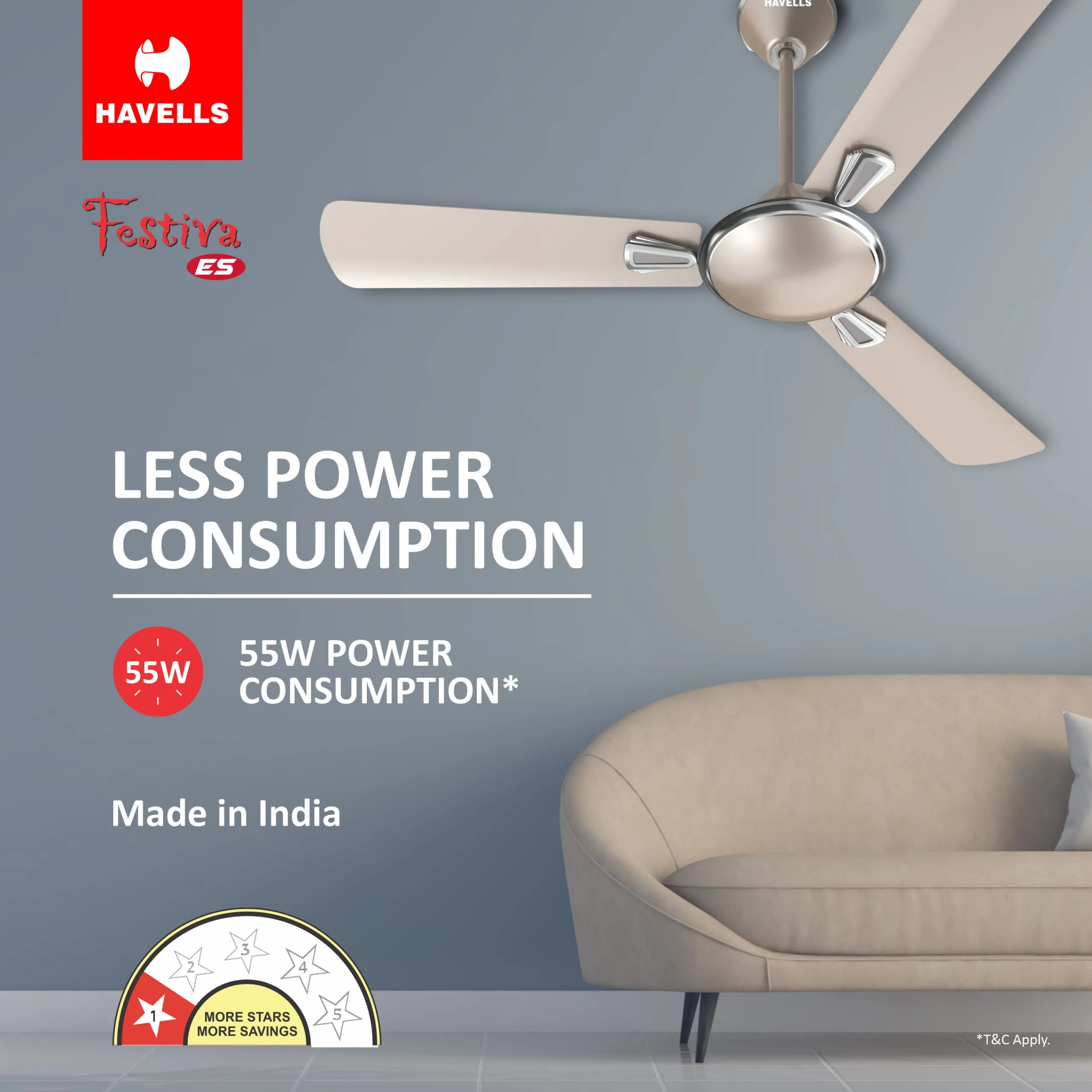 Havells 1200mm Festiva Energy Saving Ceiling Fan (Gold Mist, Pack of 1)