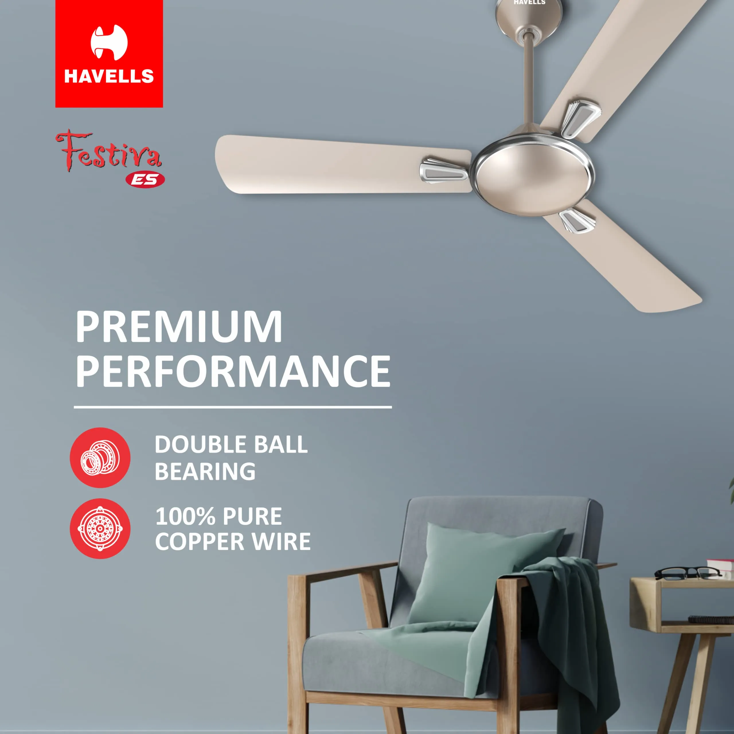 Havells 1200mm Festiva Energy Saving Ceiling Fan (Gold Mist, Pack of 1)