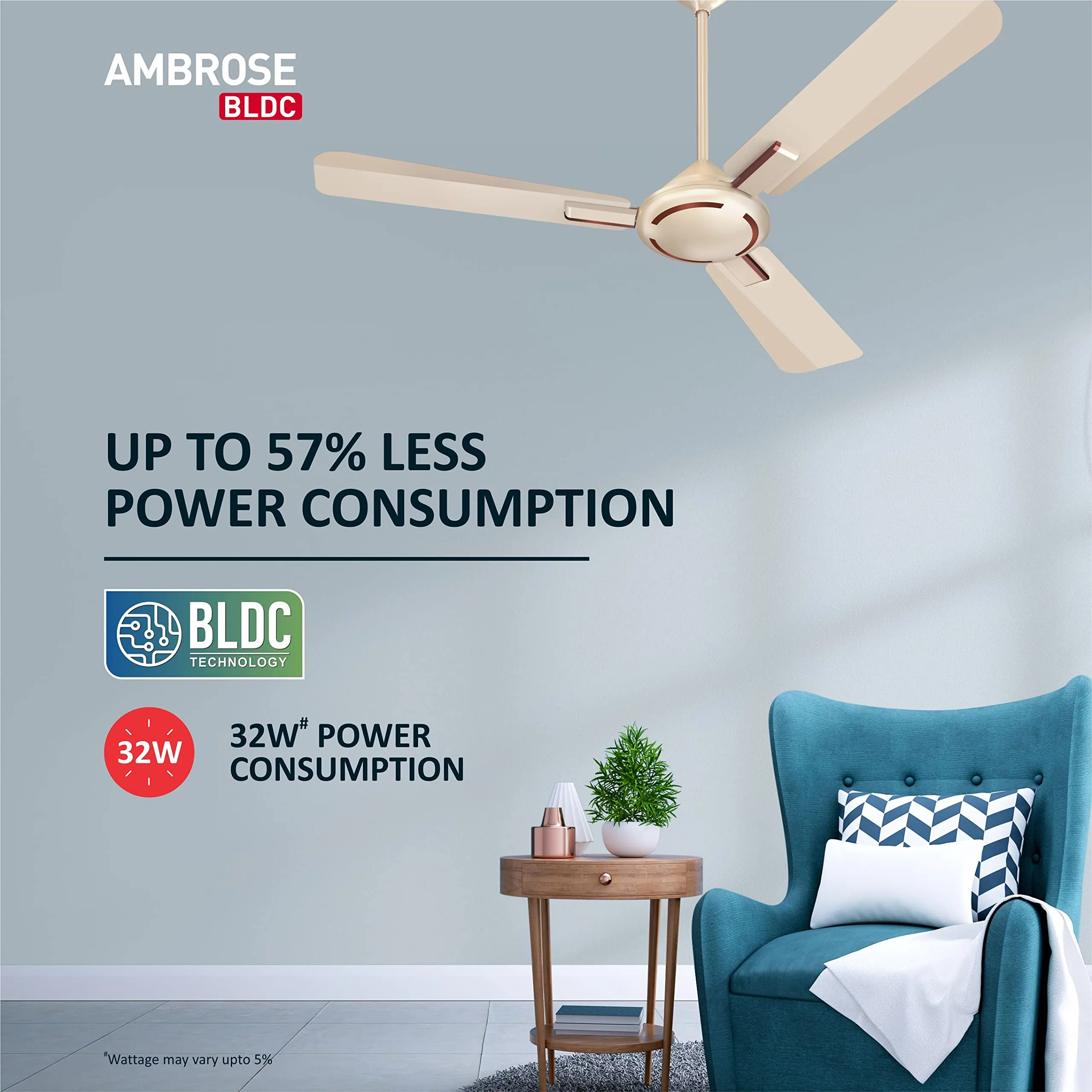 Havells Ambrose Decorative BLDC 1200mm Energy Saving with Remote Control 5 Star Ceiling Fan (Gold Mist Wood, Pack of 1)